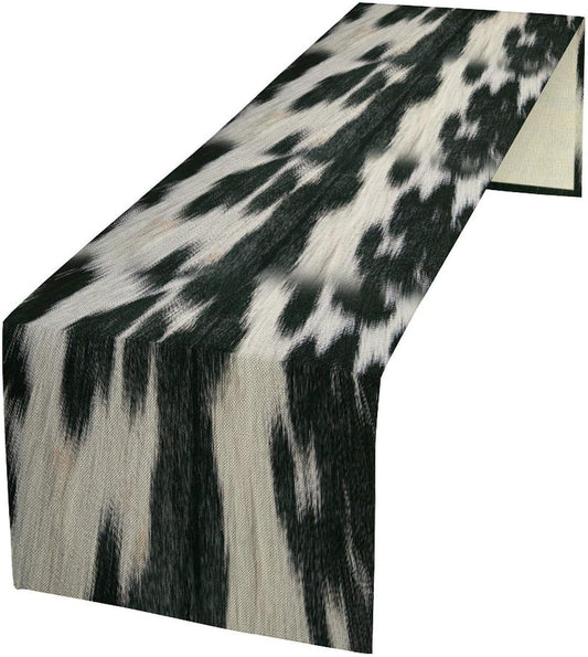 Rustic Cow Skin Print Table Runner, Country Farm Animal Fur Skin Pattern Western Style Brown Cowhide Print Cotton Linen Cottage Dinner Runner for Home Kitchen Dining, 13x60 Inch