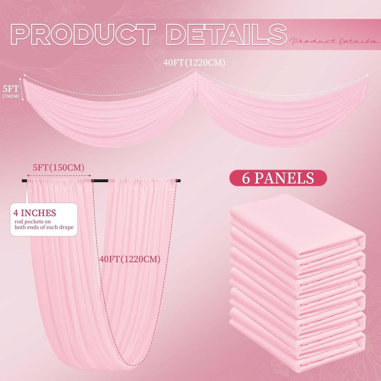 6 Panels Pink Ceiling Drapes for Wedding 5ftx40ft Ceiling Drapes Wedding Arch Draping Fabric Cheesecloth Sheer Curtain Romantic Ceiling Decorations for Weddings Party Banquet Ceremony Stage
