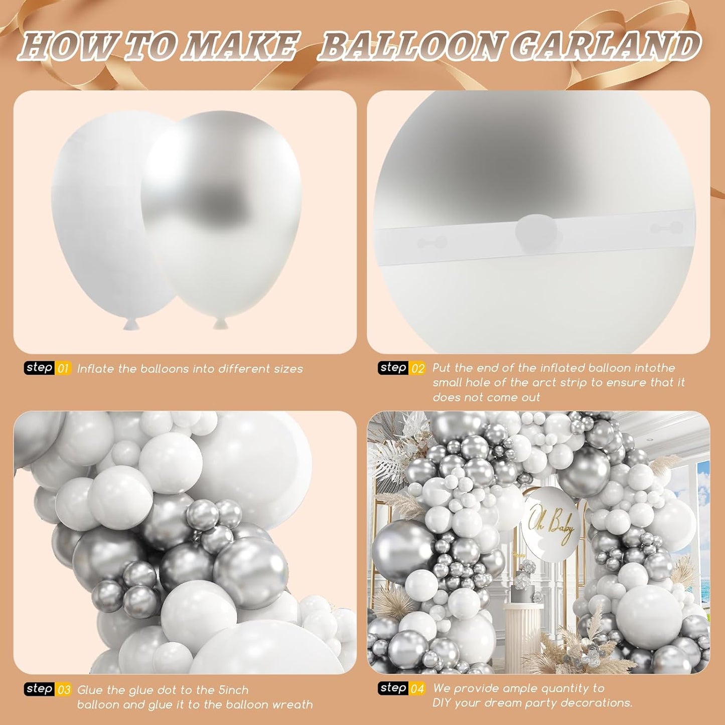 412Pcs White and Silver Balloons Arch Kit, 18 12 10 5 Inch White Metallic Silver Latex Balloon for Wedding Bridal Shower Engagement Anniversary Birthday Party Decorations