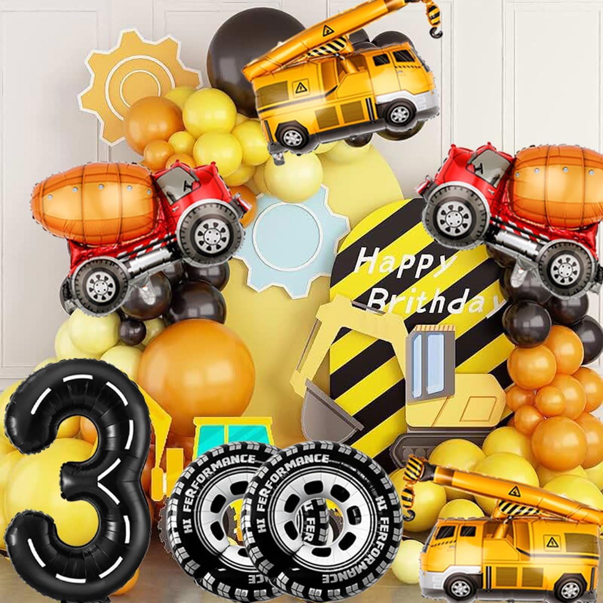 3rd Birthday Decorations for Boys Construction Balloons 40inch Number 3 Balloons Truck Foil Balloon for Construction Birthday Party Decorations Supplies