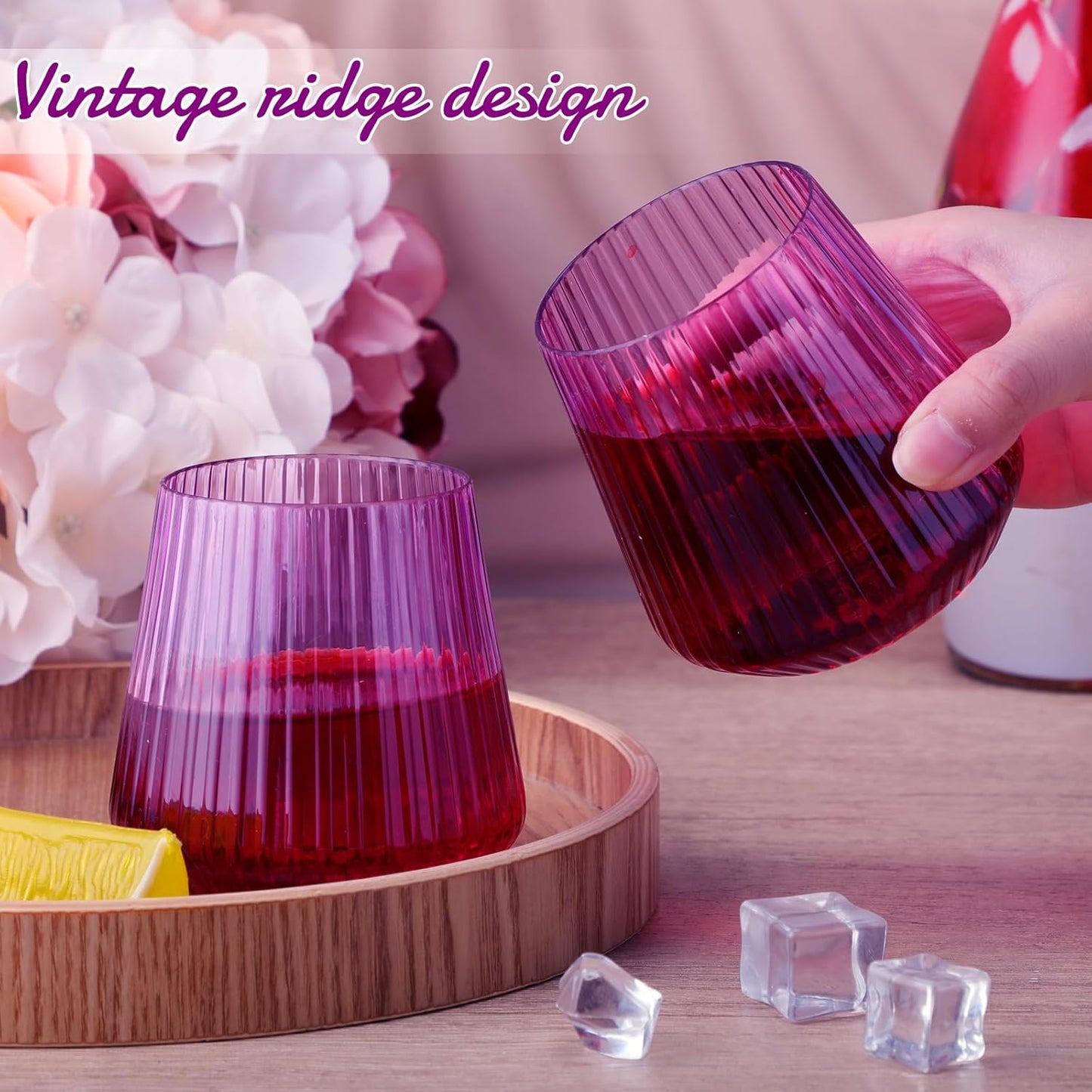 Suclain 50 Pcs Plastic Wine Glasses Ribbed Stemless Wine Glasses 14oz Vertical Design Unbreakable Cups for Outdoor Indoor Vintage Elegant Champagne Whiskey Cups for Party Wedding (Purple)