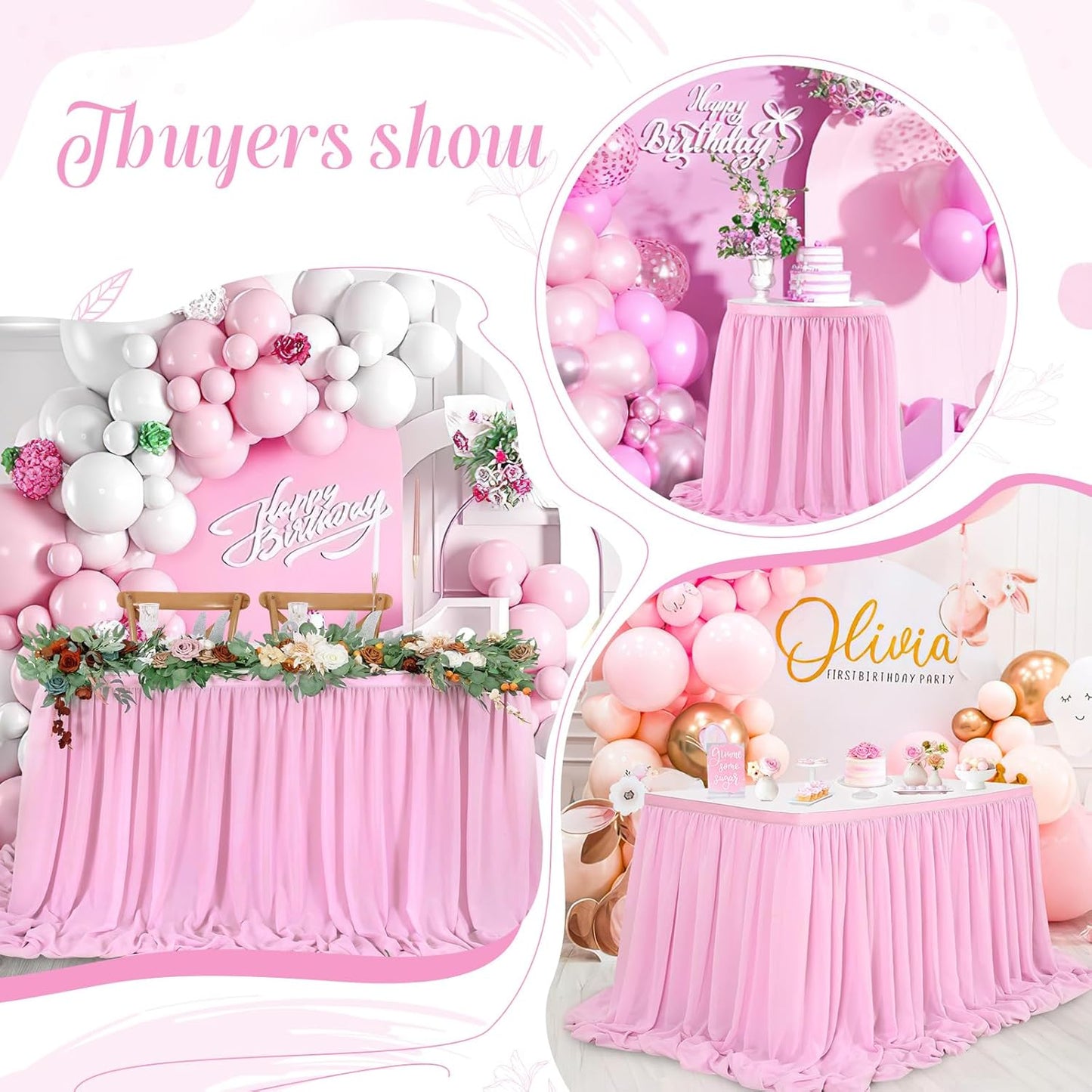 QueenDream Pink Chiffon Table Skirt 6ft Pink Table Cloth for Rectangle Tables Birthday Princess Girl Baby Shower Party