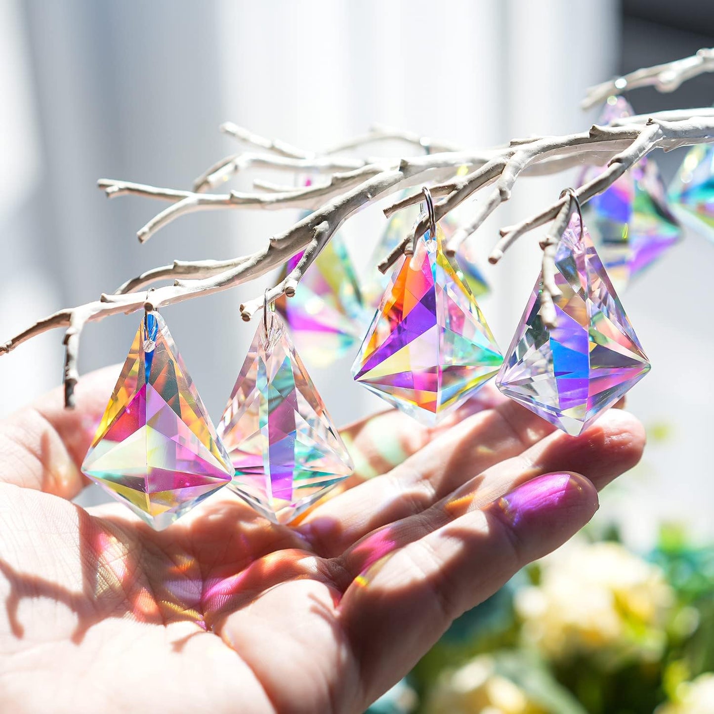 50mm Sun Catchers with Crystals, 10 Pcs Hanging Crystals Suncatchers for Windows, Colored Horns Crystal Prisms,Glass Pendant Suncatchers for Chandeliers, Garden, Christmas Tree Decor