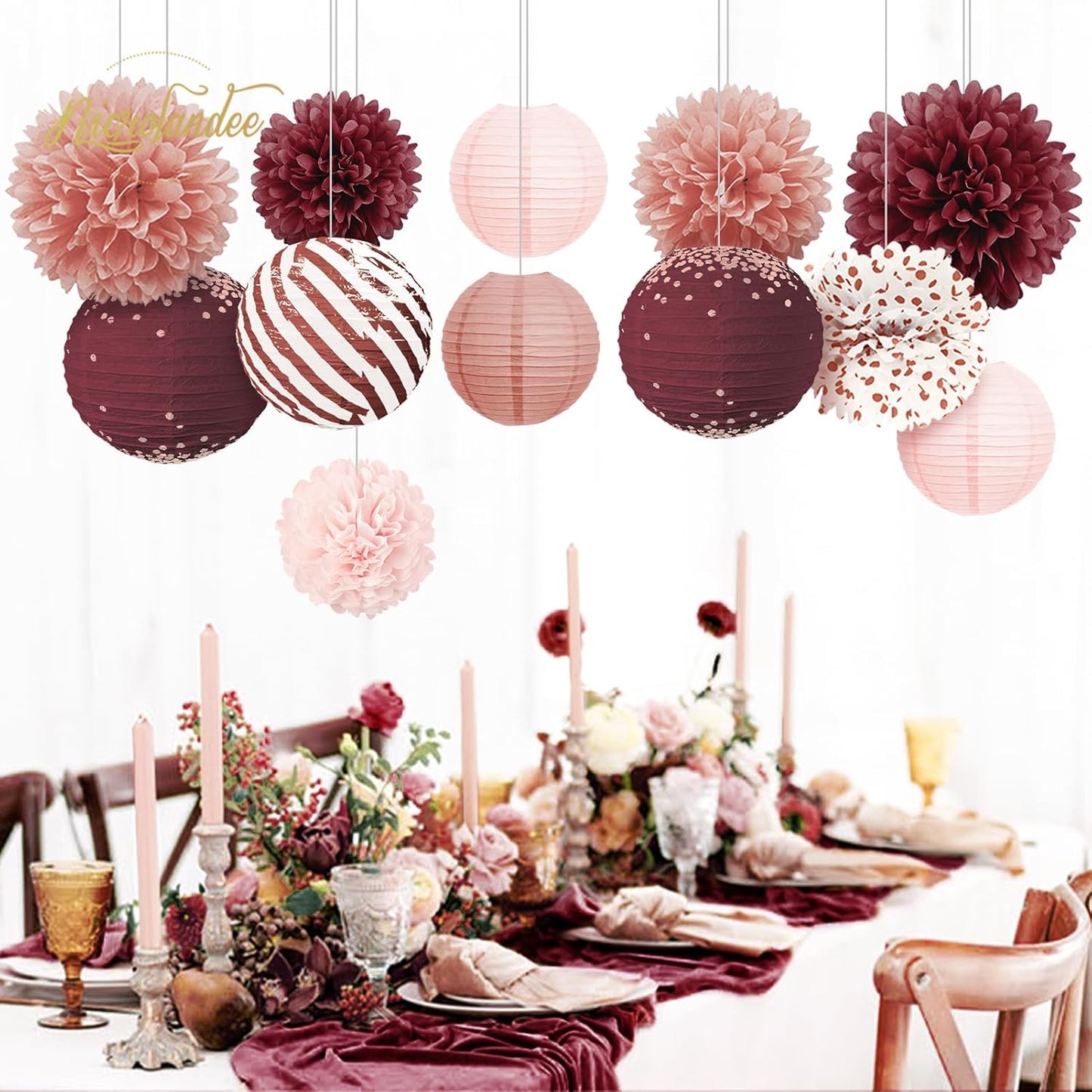 NICROLANDEE Burgundy Party Decorations 12PCS Hanging Paper Lanterns Tissue Pom Poms Decor for Retirement Party Birthday Anniversary Valentines Day Decorations