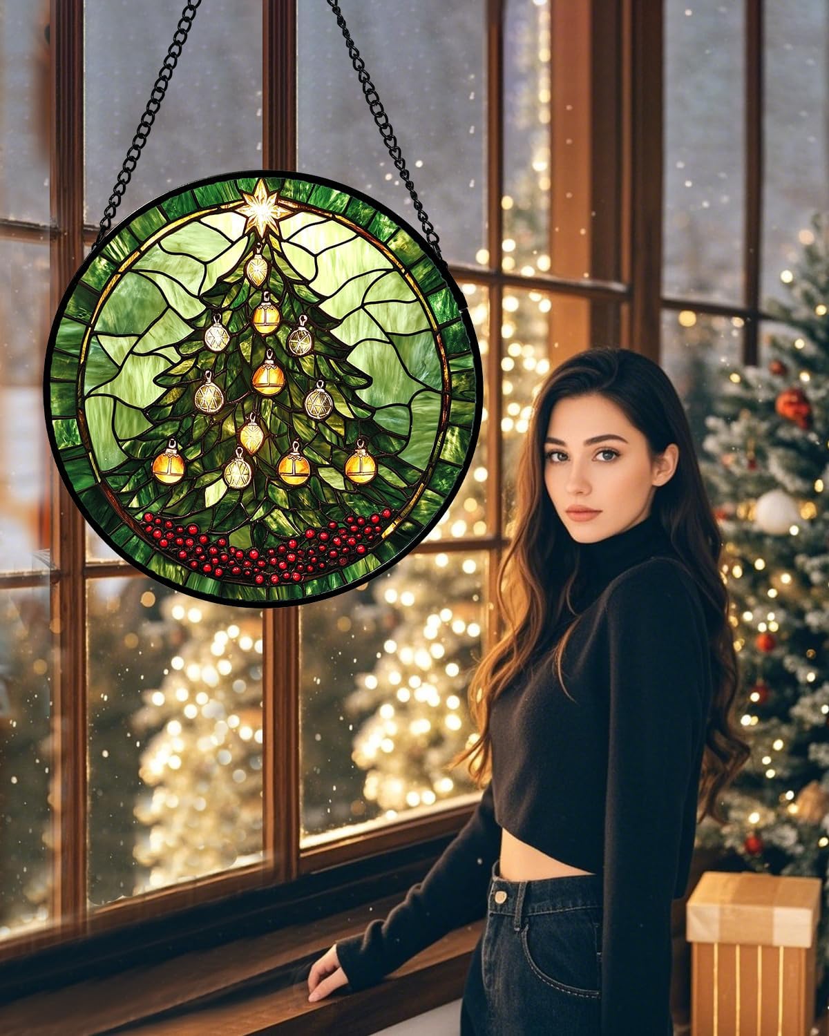 Stained Glass Window Hanging - Green Christmas Tree Golden Bells Suncatcher for Doors Home Christmas Decoration Sun Catcher Thanksgiving New Year Birthday Gift for Women Men Mom Nana 9.8 in