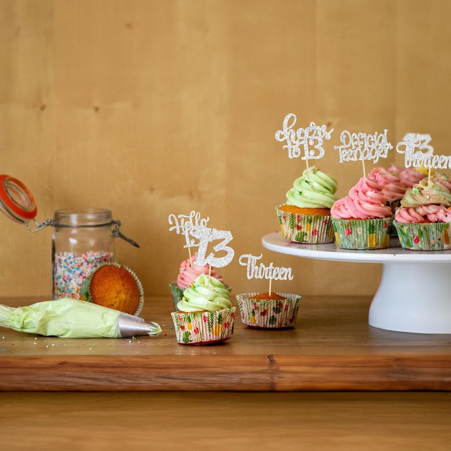 30Pcs 13th Birthday Cupcake Toppers Hello 13 Cupcake Picks Official Teenager Cheers to 13 Years Old Cake Decorations for 13th Birthday Anniversary Party Supplies Silver Glitter