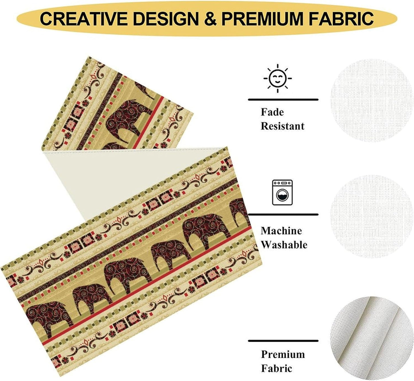 Boho Elephant Table Runner, Vintage Tribal Traditional Bohemian African Animals Ethnic Folk Table Center Decor for Home Kitchen Dining Patio Holiday Party Indoor Table Decorations, 13"x36" Inch