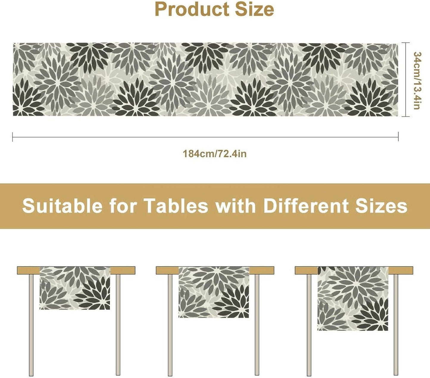 Gray Dahlia Flower Table Runner, Vintage Modern Linen Geometric Pattern Floral Table Runner Spring for Farmhouse Kitchen Dining Party Holiday Party, 13x120 Inch