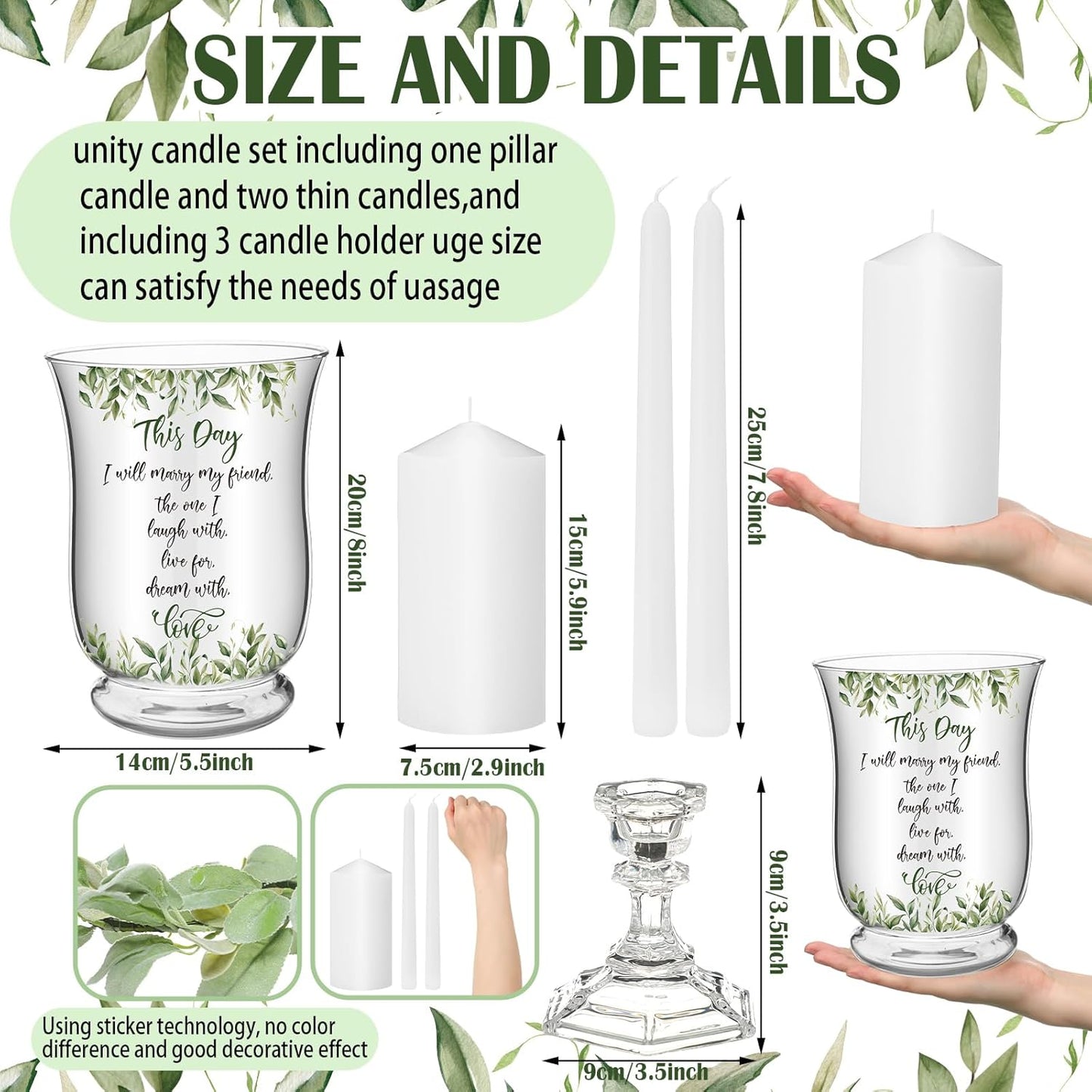Irenare Unity Candles with Holder for Wedding Ceremony Wedding Decortions Accessories Glass Candle Holder Pillar Candle for Formal Events Church(Green Leaf)