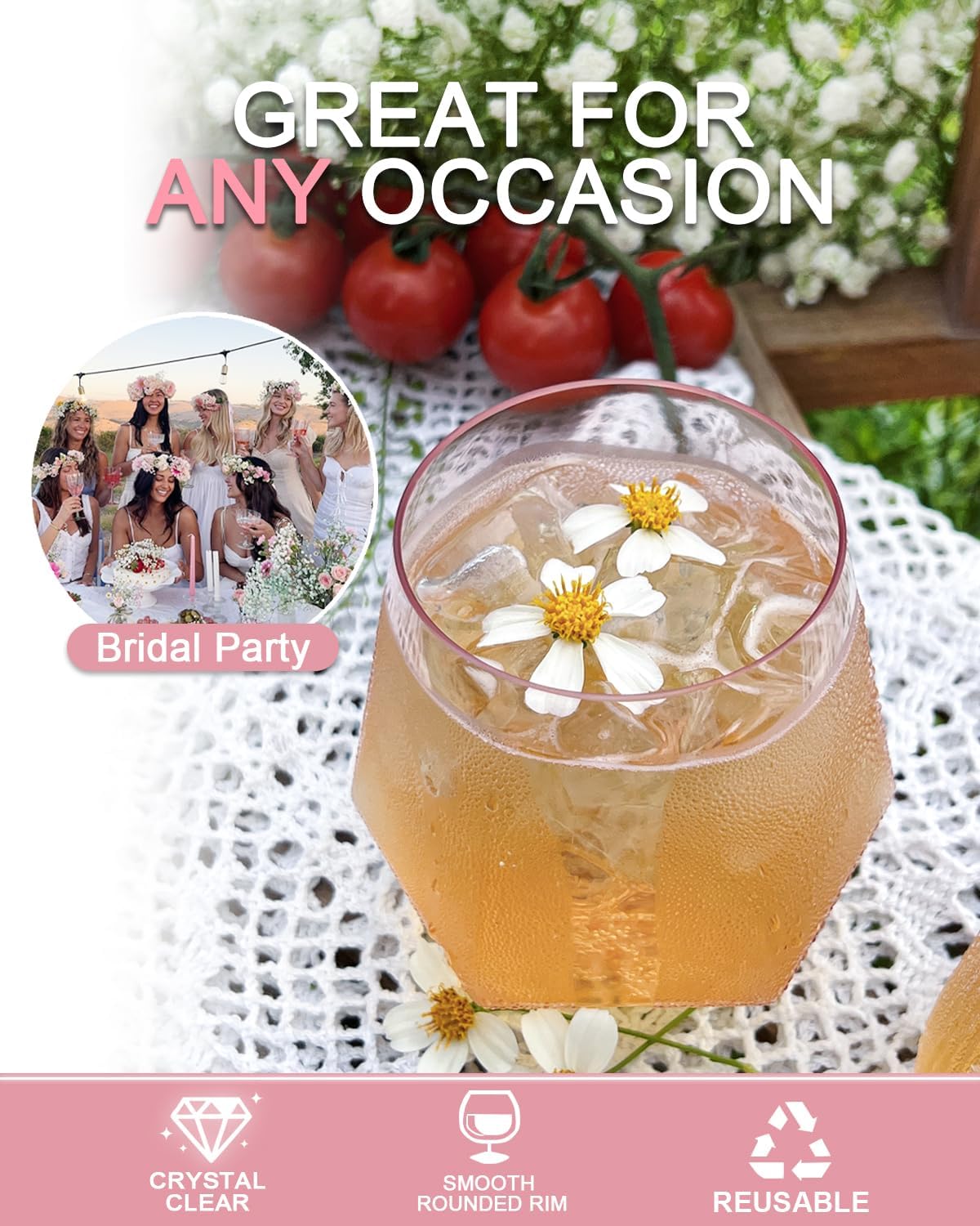 40 Pcak Plastic Stemless Wine cocktail Whiskey Champagne Glasses, 12 Oz Disposable Unbreakable Cups for Party Bars Wedding Tasting (Pink)