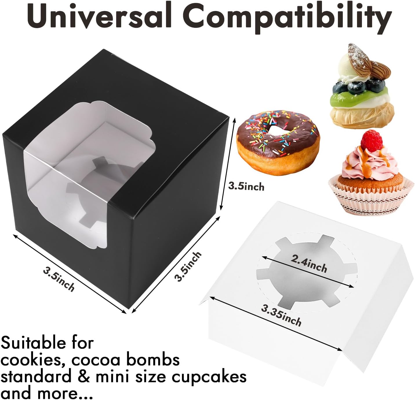 JCD 70 packs Black Cupcake Boxes Individual Cupcake Container 3.5" x 3.5" x 3.5" Auto-Pop up Single cake Box (70 Boxes+70 Inserts) (Black/70Pcs)