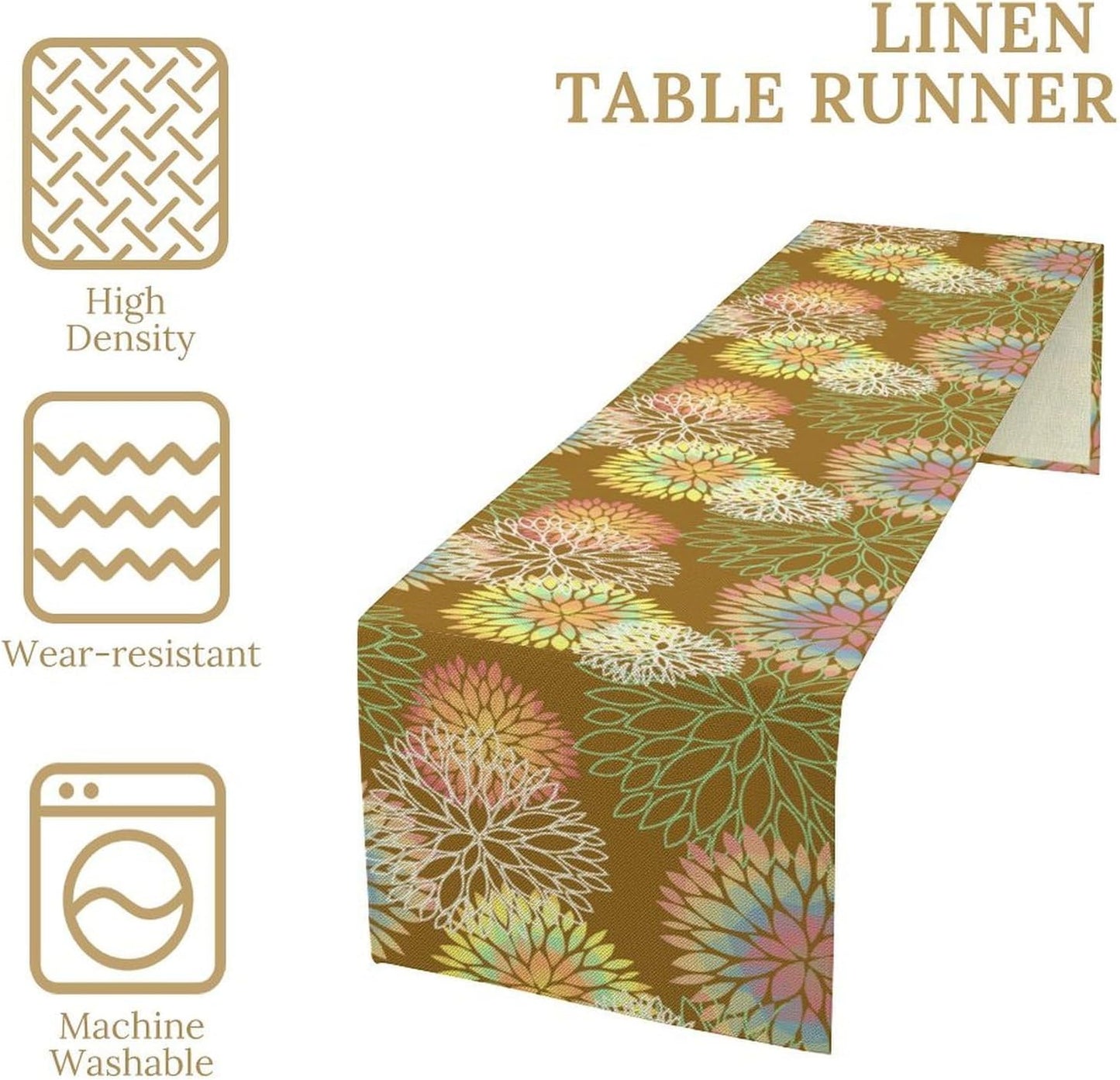Brown Grey Dahlia Flower Table Runner, Linen Geometric Pattern Floral Table Decor Spring Farmhouse Decorations for Kitchen Dining Holiday Party Decor, 13x120 Inch