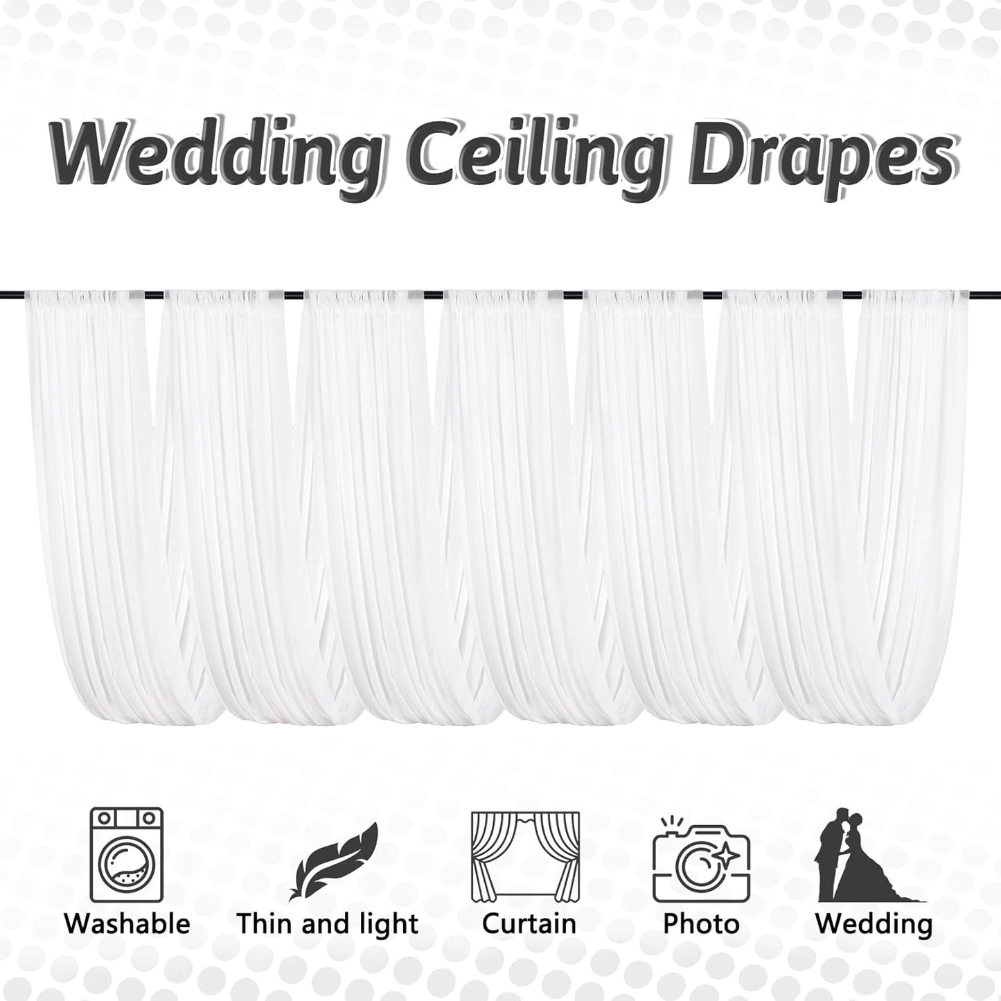 DUOBAO White Wedding Chiffon Ceiling 5x20FT Long Sheer Draping Fabric Photography Backdrops Soft Drapes Curtains for Weddings Arches Christmas Indoor Events, W 5' x L 20'-6 Panels, Snow