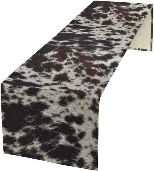 Cow Print Table Runner, Country Farm Animal Fur Skin Pattern Western Style Black Brown Cowhide Print Dinner Runner for Home Kitchen Dining Home Setting, 13x108 Inch