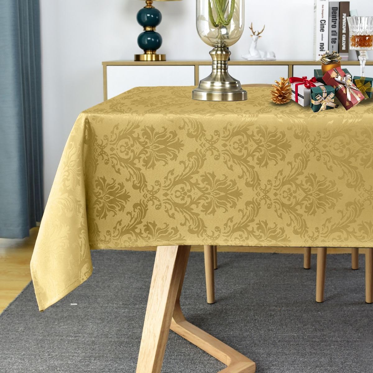 SASTYBALE Square Jacquard Tablecloth - 52x 52 Inch Spill Proof Wrinkle Resistant Damask Table Cloth, Soft Polyester Table Cover for Kitchen Parties Farmhouse, Gold