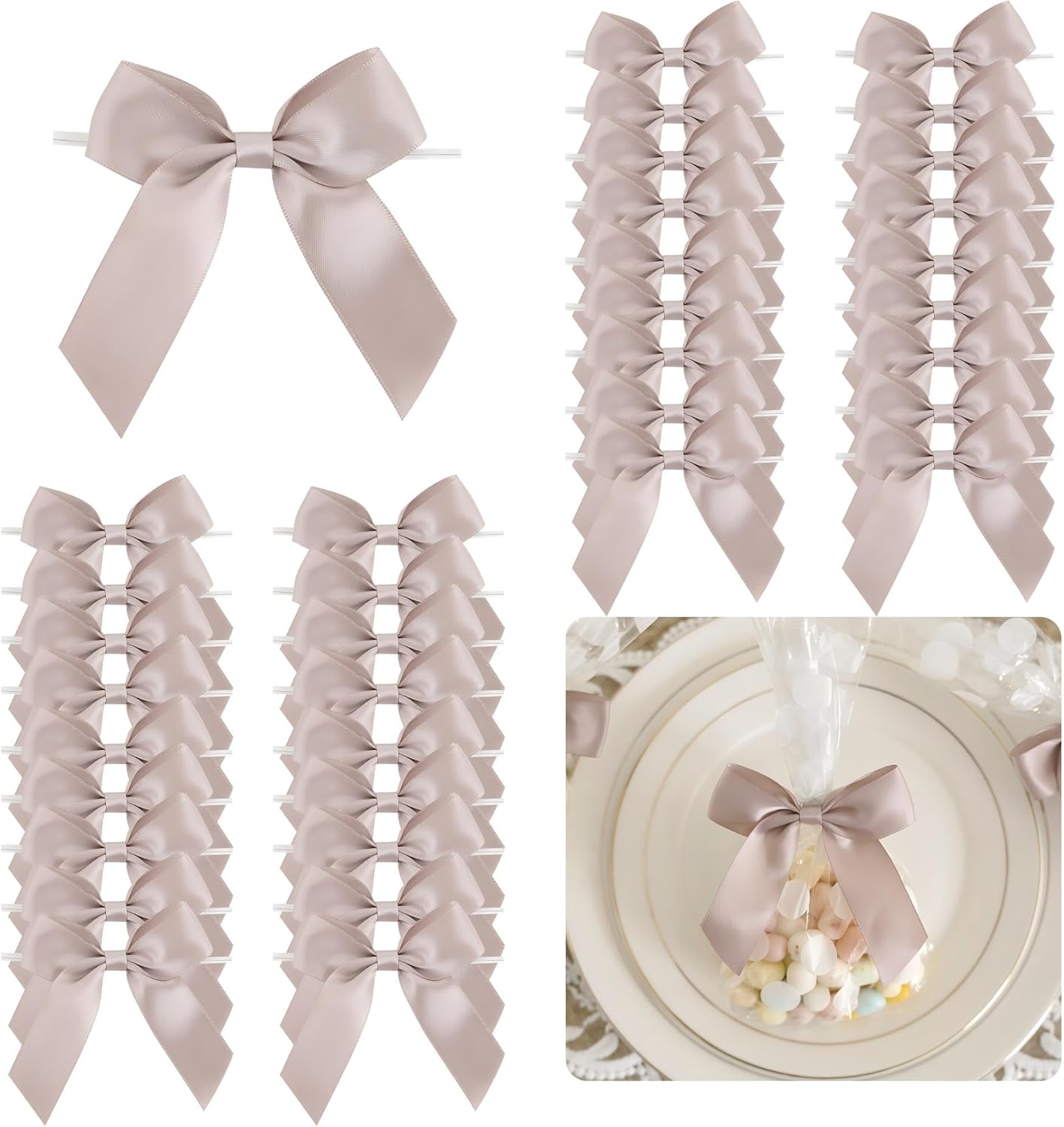 3.5" Dusty Rose Bow Satin Pre-Tied Bows for Gift Wrapping, Small Bows for Crafts, Pink Bows, Candy Apple Bows, Twist Tie Bows for Cake Decorating, Party Favor, Wedding Decoration-36 Counts