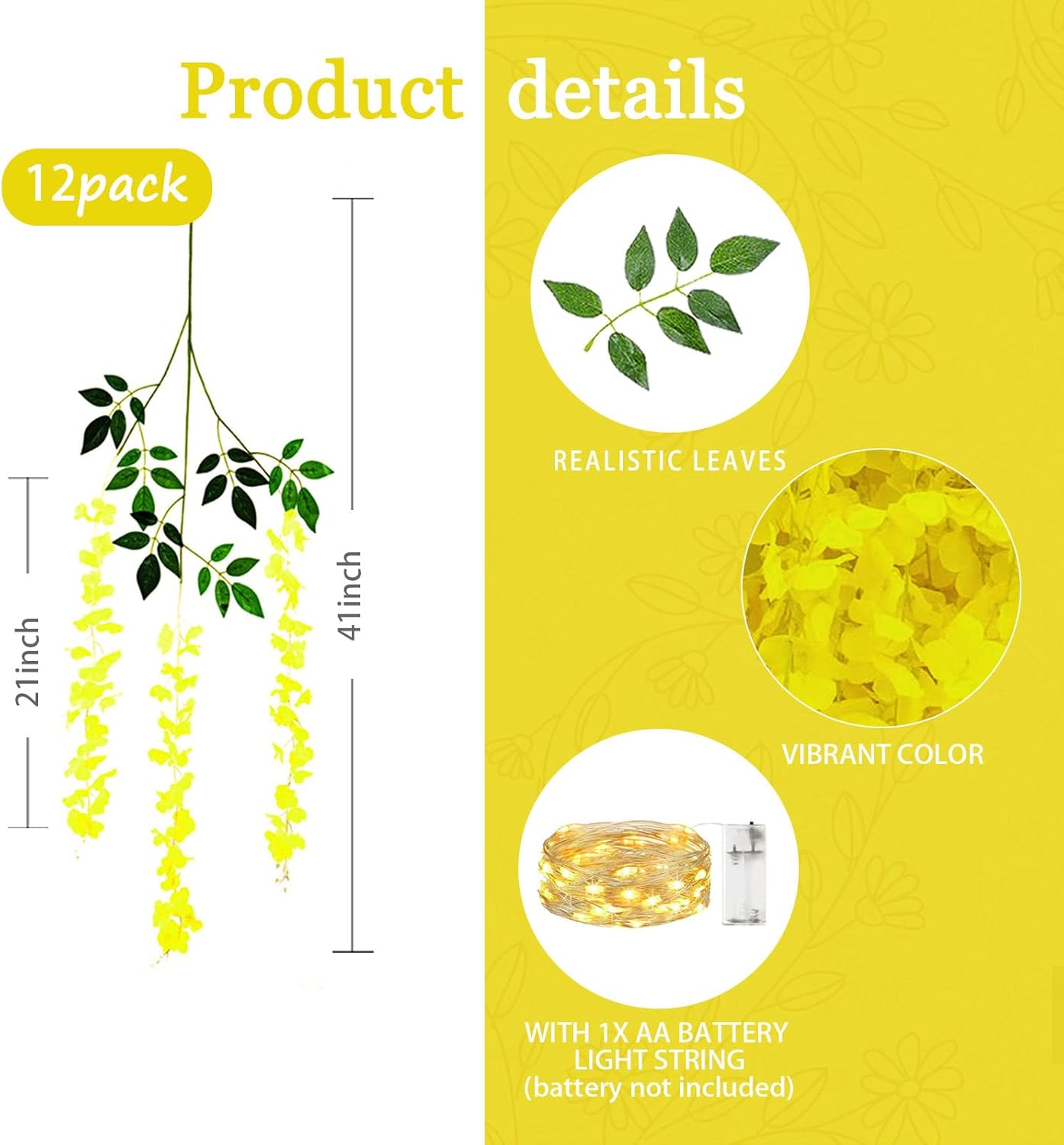 12 Pack Yellow Wisteria Hanging Flowers Garland with Lights, 3.44 Feet Artificial Flower Vines, Fake Wisteria, Artificial Vines Hanging Garland for Backdrop Outdoor Patio Garden Decor