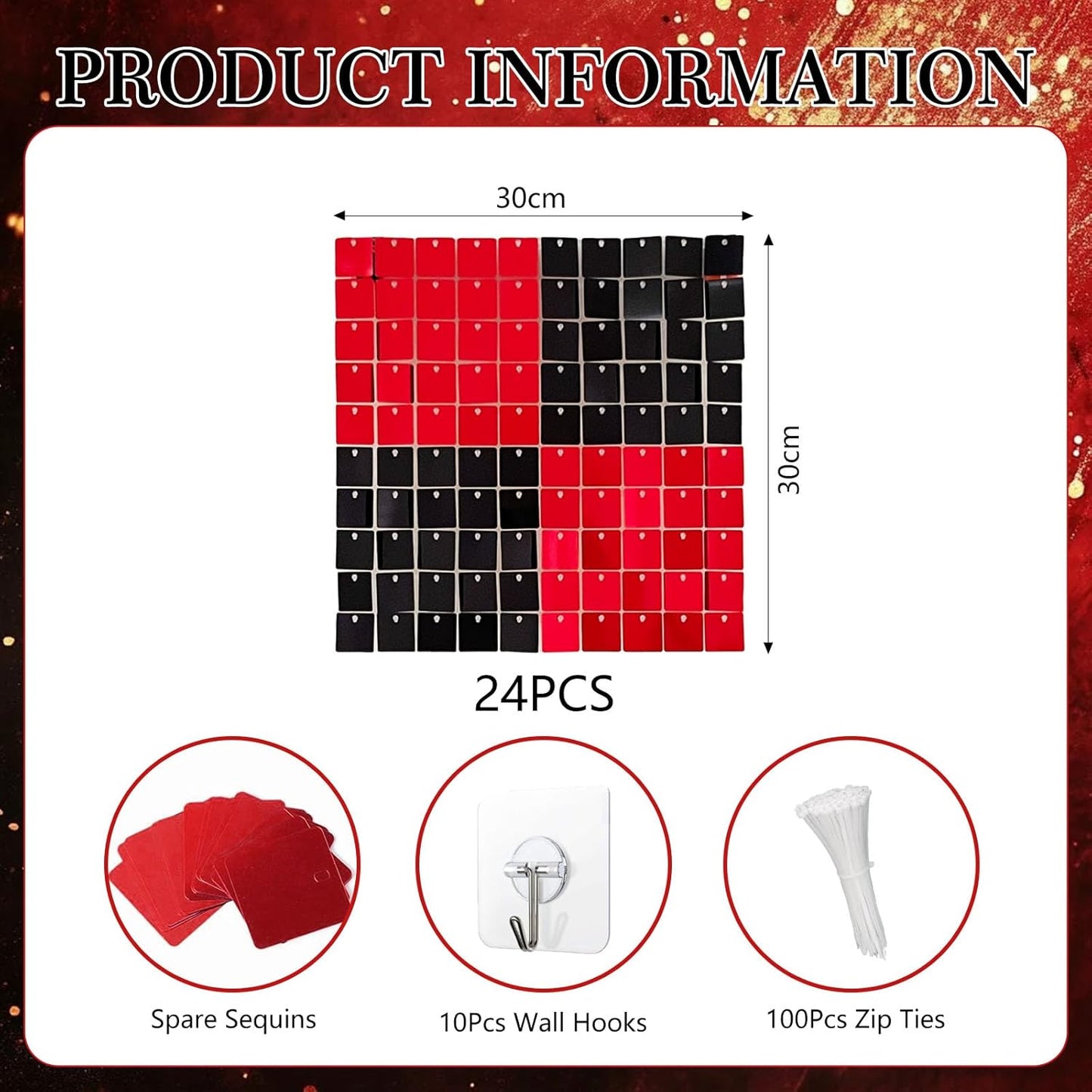 24PCS Black Red Shimmer Wall Backdrop, Square Sequin Photo Backdrops Panel, Glitter Wall Background for Birthdays, Weddings, Christmas, Halloween, Disco Bachelorette Party Decor (4FTx6FT)