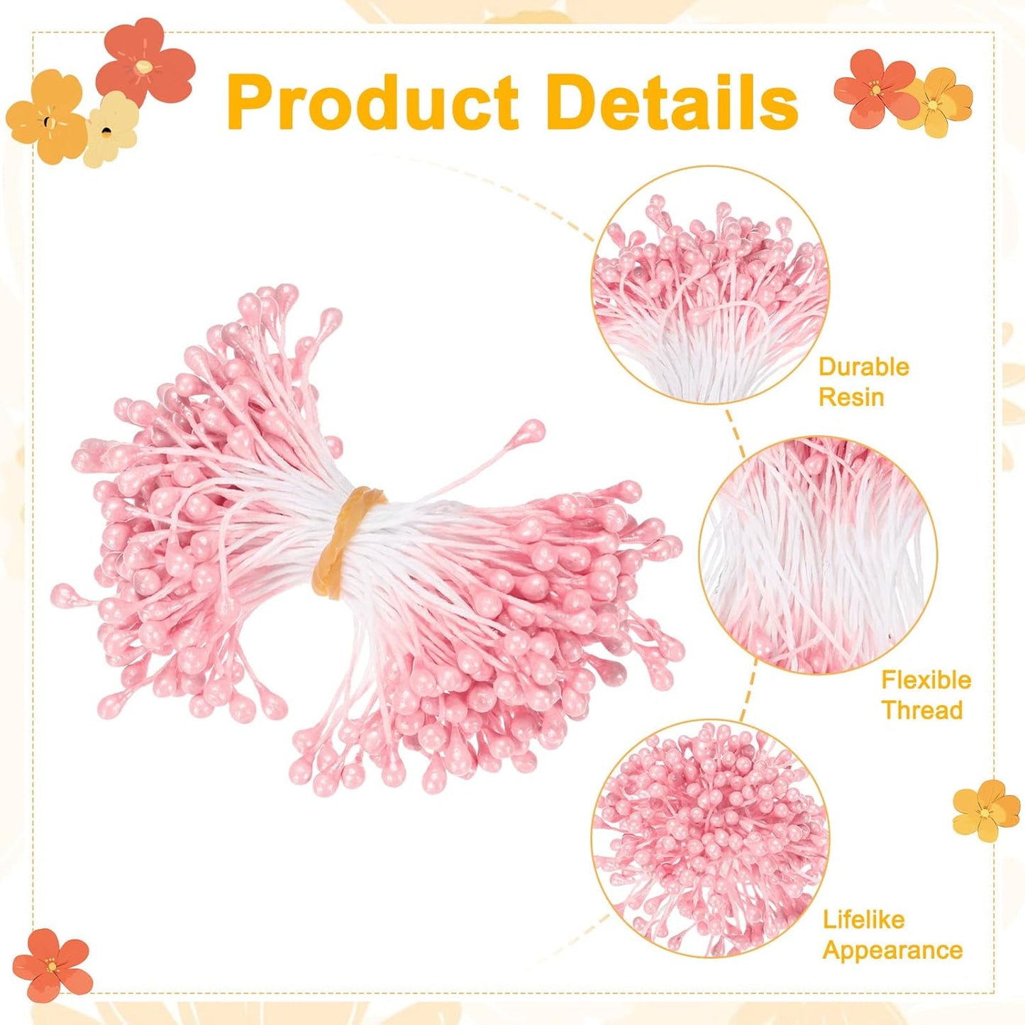 600-Pack Flower Stamens for Crafts, 5mm Double Heads Artificial Pearl Floral Pistil Mini Flower Pollens Stamens for DIY Making/Wedding/Scrapbook Decoration [Orange Pink]