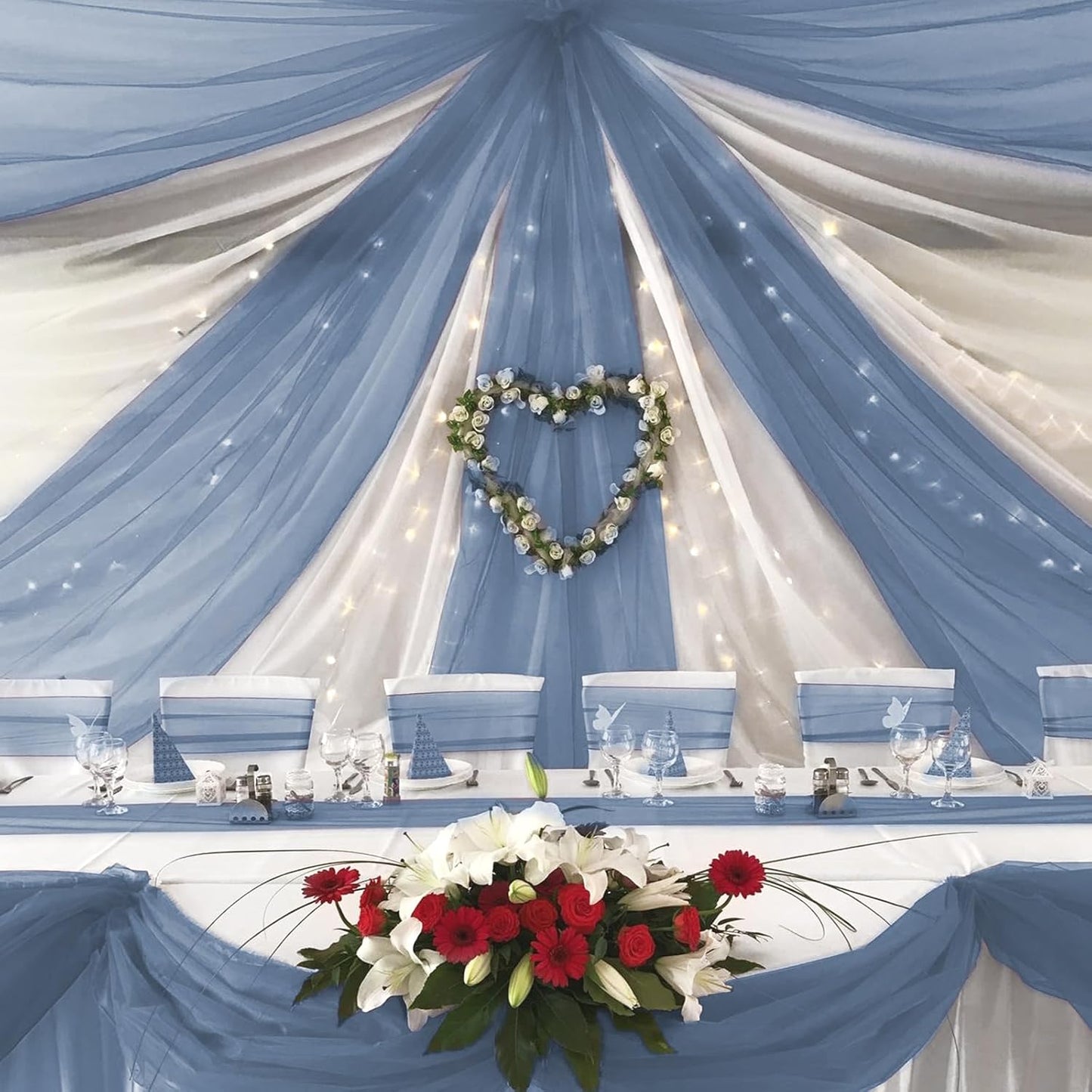 6 Panels Dusty Blue Ceiling Drapes for Wedding 5ftx20ft Chiffon Fabric Arch Draping Curtains Sheer Drapery for Party Ceremony Birthday Baby Shower Reception Stage Swag Ceiling Decorations