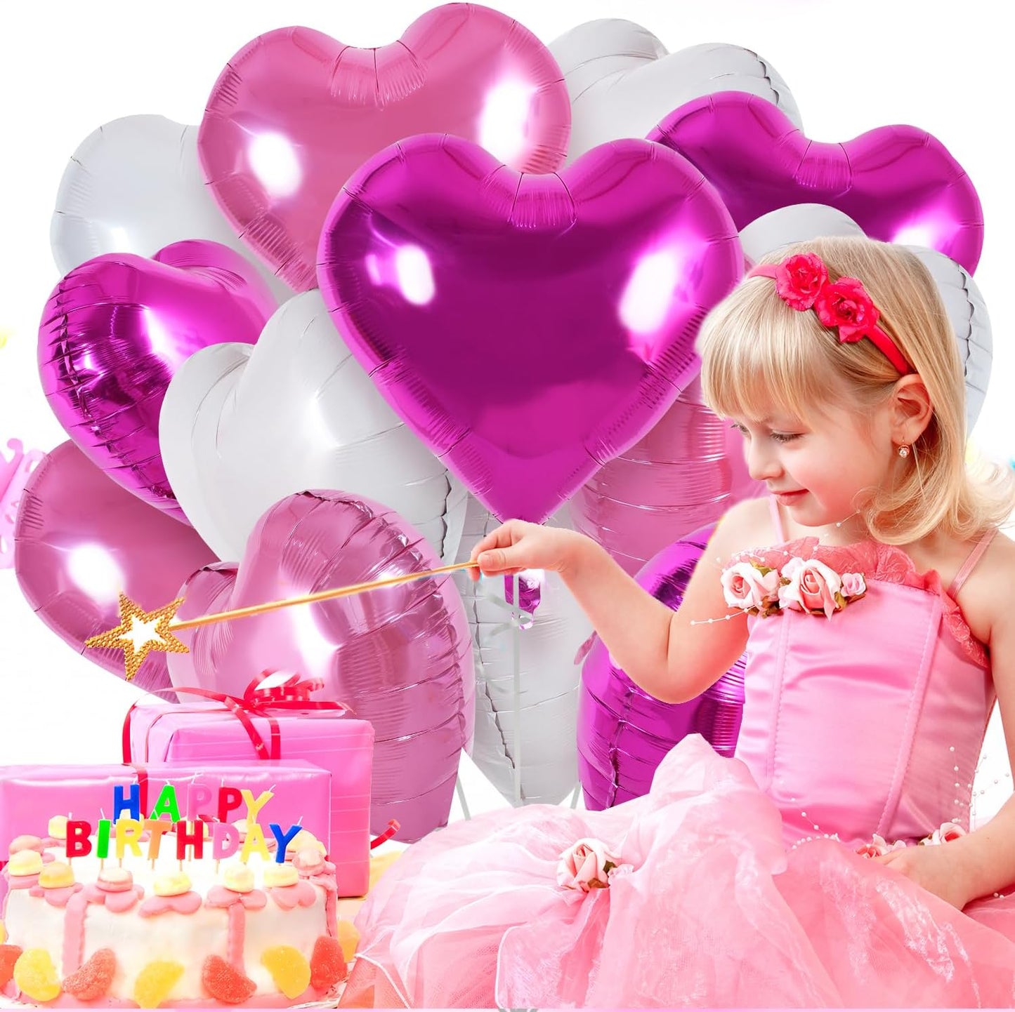 TONIFUL 30Pcs 18 Inch Pink White Heart Balloons Hot Pink Heart Shape Foil Mylar Balloons Decoration for Birthday Valentine's Day Wedding Bridal Shower Anniversary Engagement Party Supplies