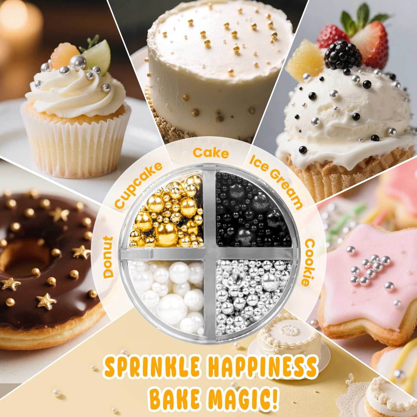 Edible Pearl Sugar Sprinkles for Cake Decorating, Mix 4 Colors Gold White Silver and Black Pearls Sprinkles for Cupcake, Cookie, Baking Cake Decorations, 160g/5.64oz, Holiday, Wedding Party Supplies