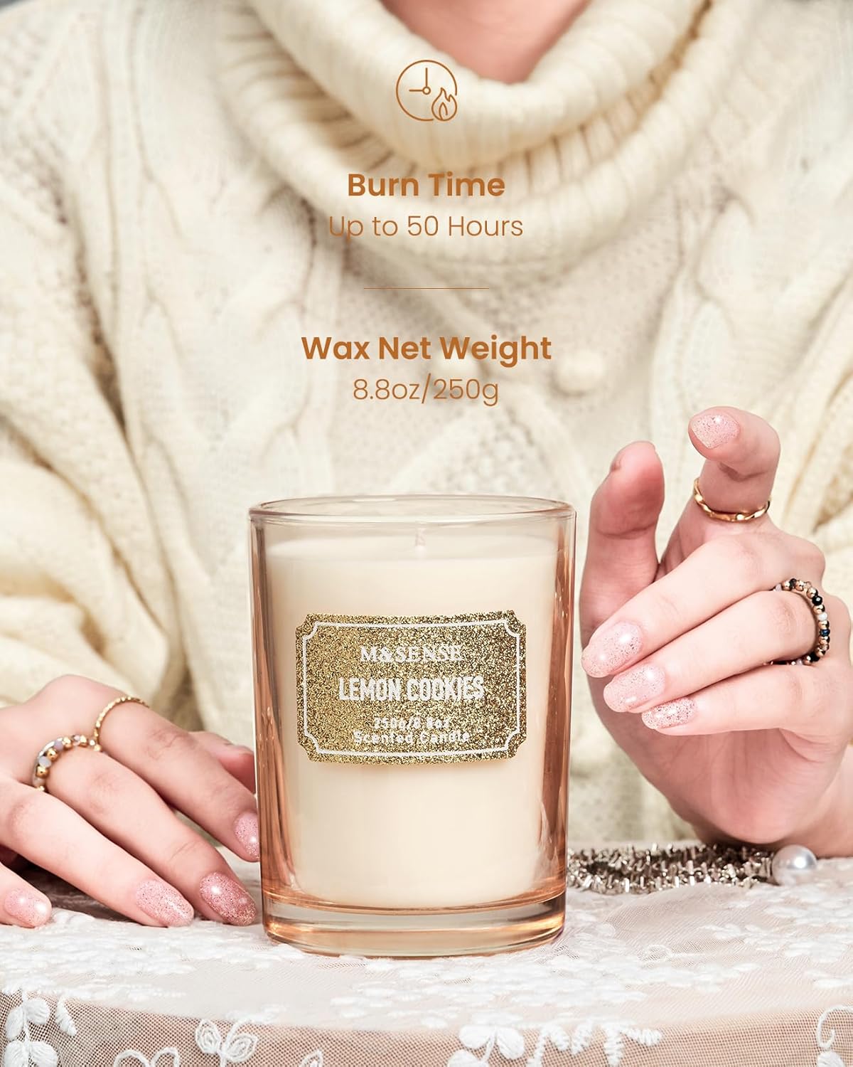 M&SENSE Lemon Scented Candle, Classic Size 8.8 oz Glitter Jar, Holiday Gifts for Women, Strong Scented Natural Soy for Winter Home Decor, 50 Hours Long Burning