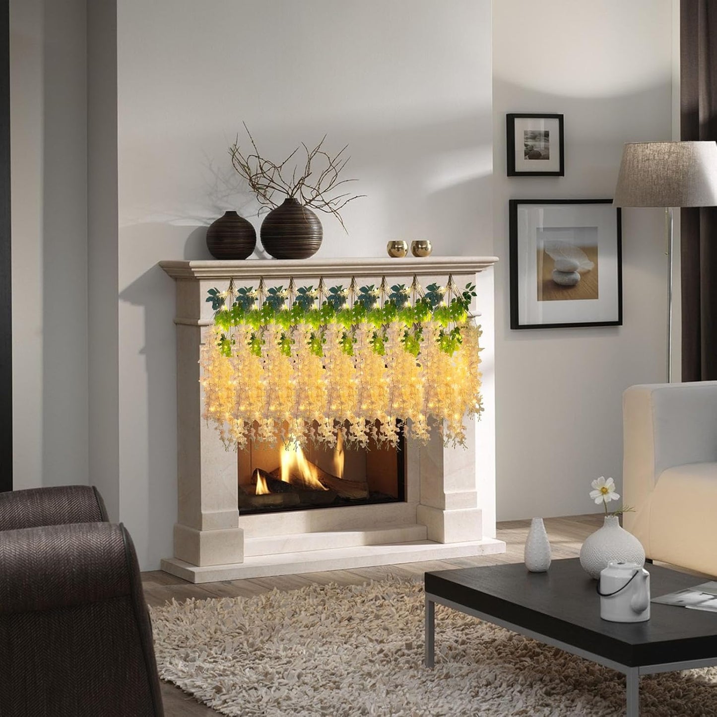 12 Pack Champagne Wisteria Hanging Flowers Garland with Lights, 3.44 Feet Artificial Flower Vines, Fake Wisteria, Artificial Vines Hanging Garland for Backdrop Outdoor Patio Garden Decor