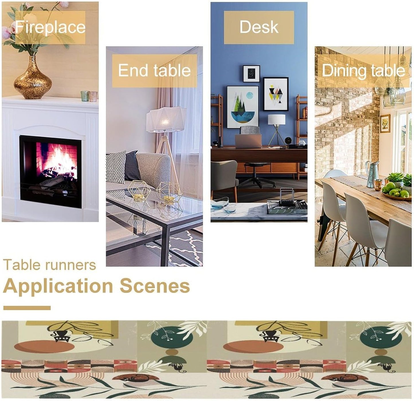 Mid Century Table Runner,Abstract Boho Plant Leaf Botanical Cat Modern Geometric Pattern Print Burlap for Hotel Indoors Outdoor Dining Room Kitchen Home Decor, 13x108in