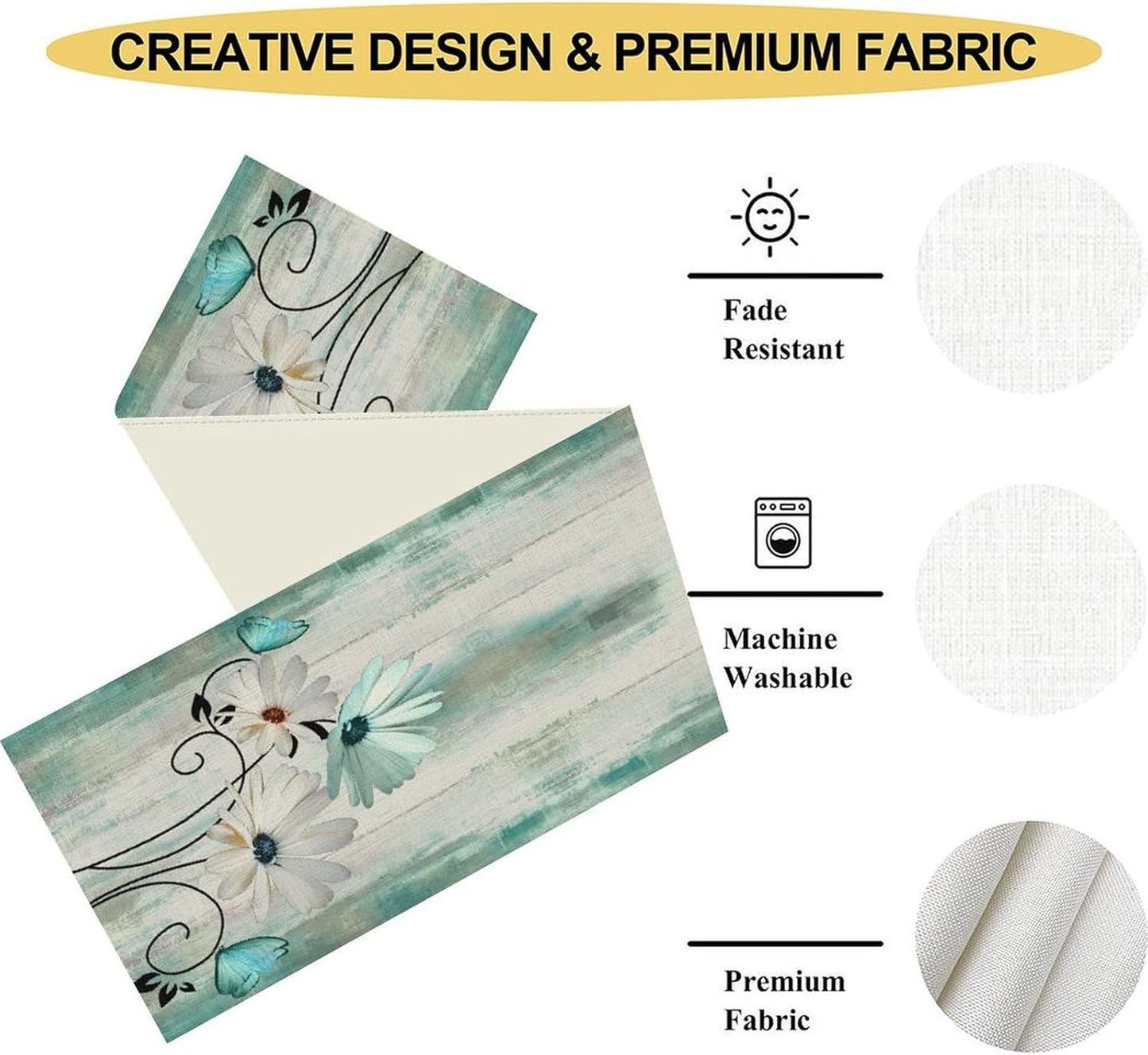 Daisy Floral Table Runner, Farmhouse Spring Seasonal Summer Teal Green White Flower Rustic Abstract Table Center Decor for Home Kitchen Dining Holiday Party Indoor Table Decorations, 13"x108" Inch