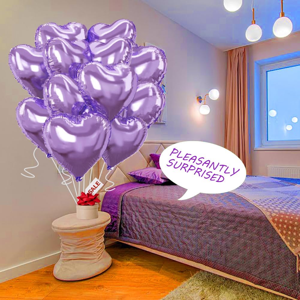 Light Purple Heart Balloons，18 Inch Light Purple Foil Mylar Love Heart Shaped Balloons for Anniversary Wedding Engagement Celebration Birthday Party Baby Shower Valentines Decorations(12Pcs)