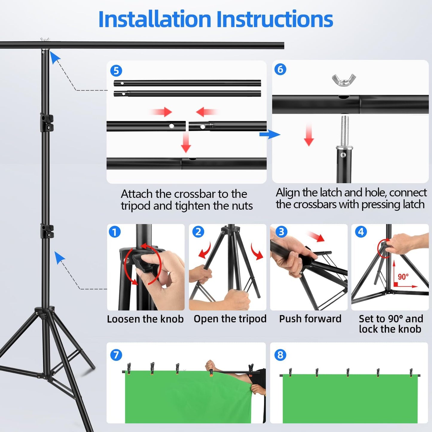 HEMMOTOP Blue Green Screen Backdrop Kit, 2in1 7x5ft(HxW) Green Screen Stand for Streaming, 6.5x5ft(HxW) 2-Sided Reversible Blue Photo Background with Backdrop Stand for Photography, Zoom