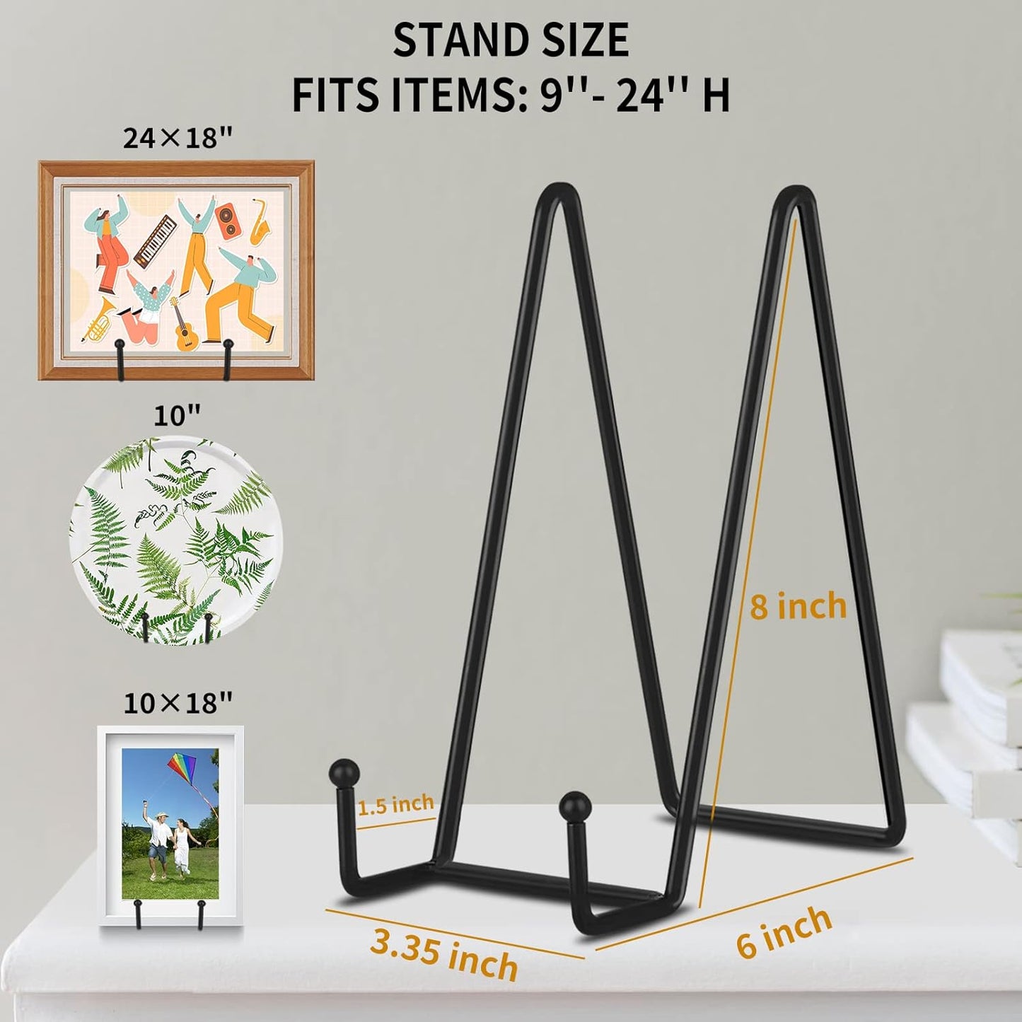 Decolore 8 Inch 3 Pack Black Metal Plate Holder Display Stands for Picture, Decorative Plate, Book, Photo Easel, Artistic Work