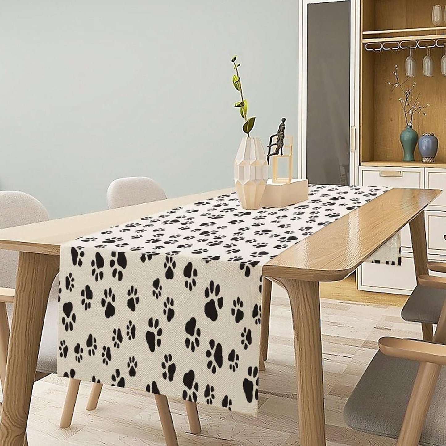 Dog Paws Table Runner,Cartoon Cute Black White Animal Footprints Abstract Tablecloth Burlap for Hotel Indoors Outdoor Dining Room Kitchen Home Decor,W13X L36 in