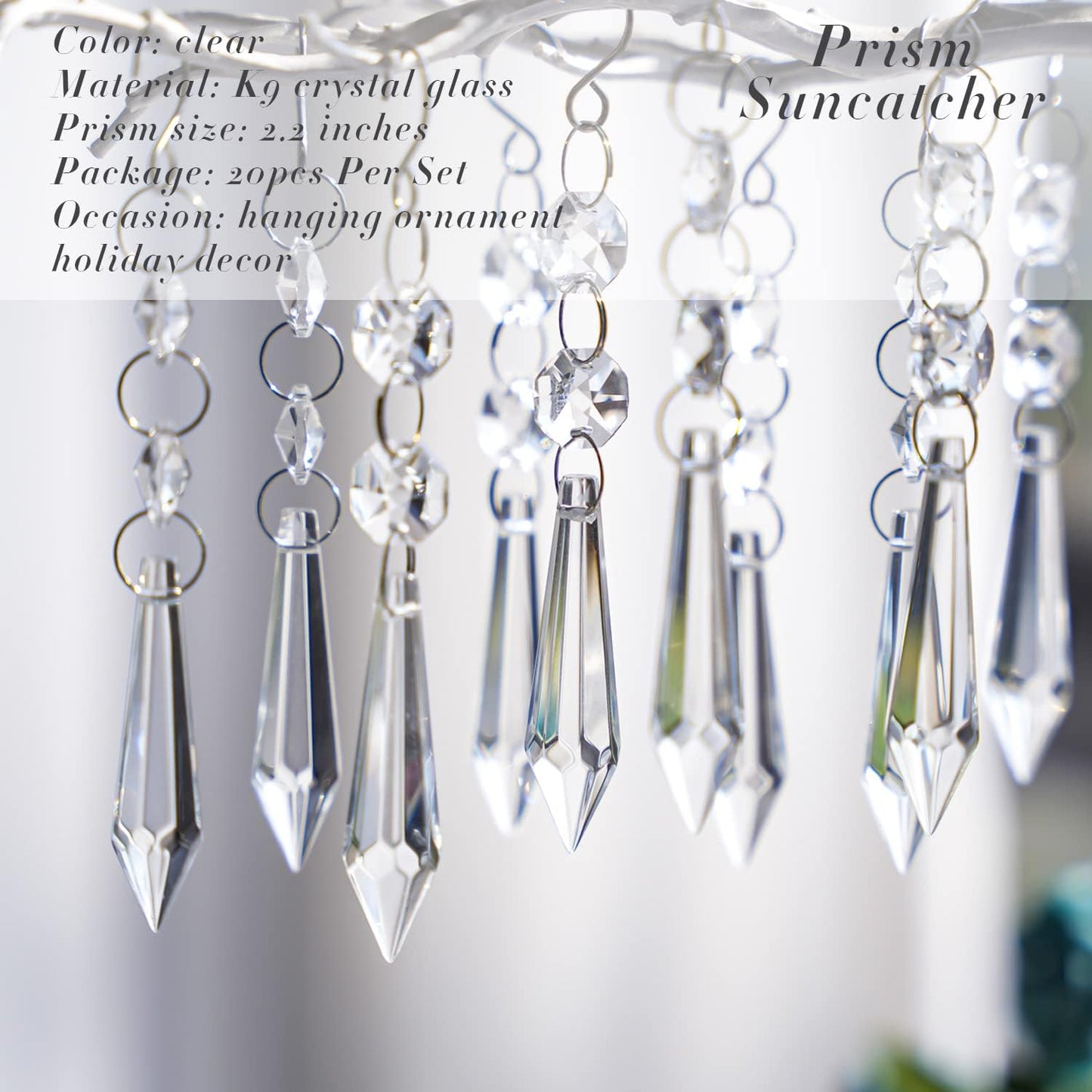 20pcs 55mm Chandelier Icicle Crystal Prism Suncatcher,Clear Chandelier Crystals Replacement,Crystals for Chandeliers with Hooks for Windows Wedding Lamp Decoration