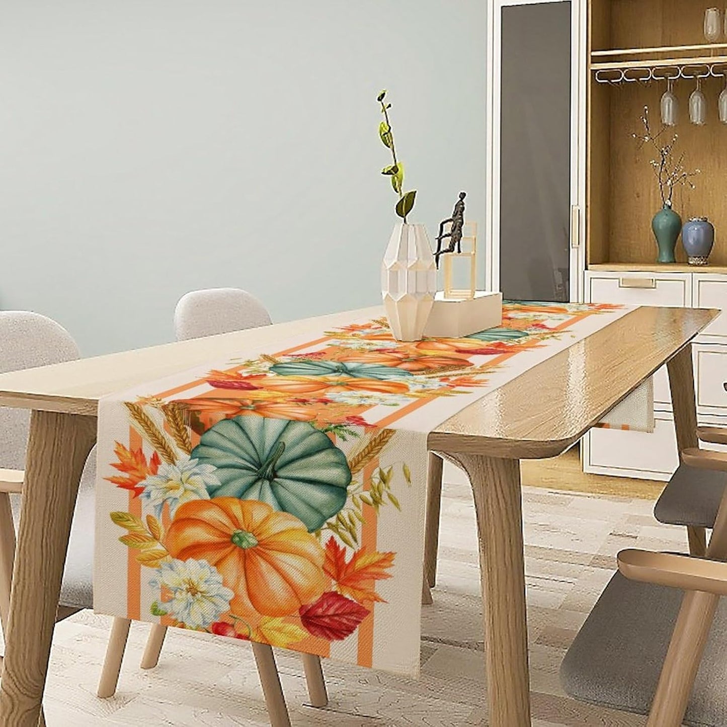 Autumn Table Runner,Orange Pumpkin Flowers Leaves Fall Table Runners Seasonal Kitchen Dining Table Decor for Thanksgiving Harvest Home Holiday Party 13x108 Inch