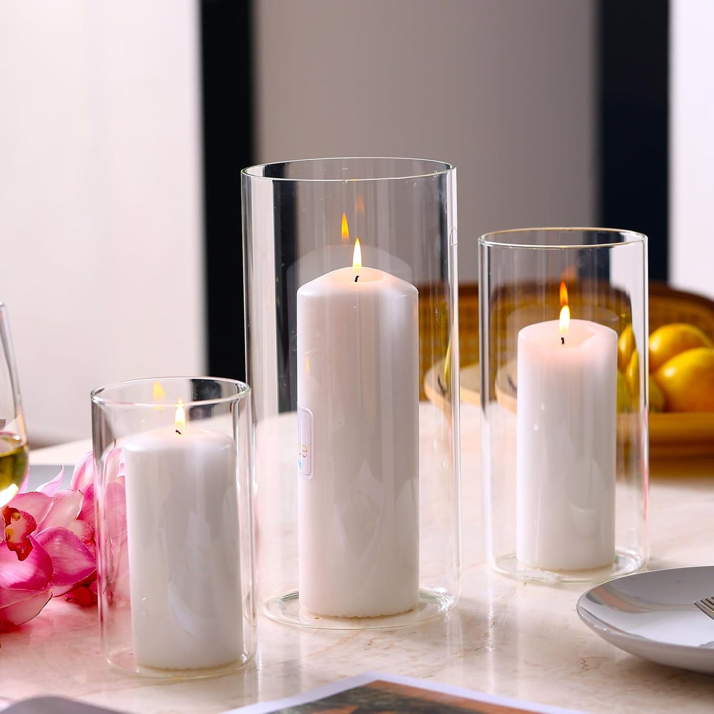 PHOSPHOR Hurricane Candle HoldersFor Pillar Candle Clear Glass Cylinder Centerpieces Vases Table Decoration Centerpiece Floral Room Decor Clear Seeded Bubbles Living Dining Kitchen 3 Pieces