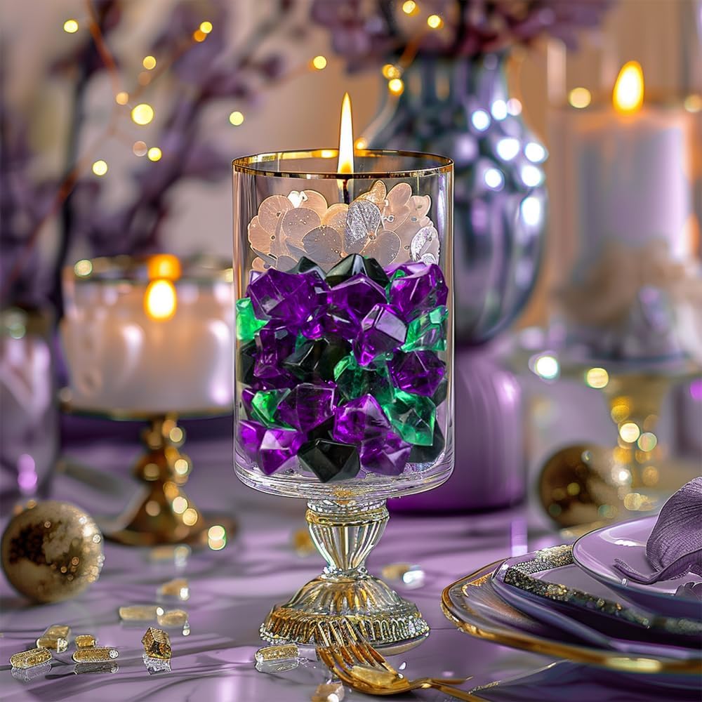 HappyFiller Halloween Decoration Fake Ice Rocks Crystal Cubes Stones for Vase Fillers,Party Decor, Crafts,Pirate Treasure Jewels Plastic Gemstone,Table Scatters,Mix Purple Green Black,15 OZ