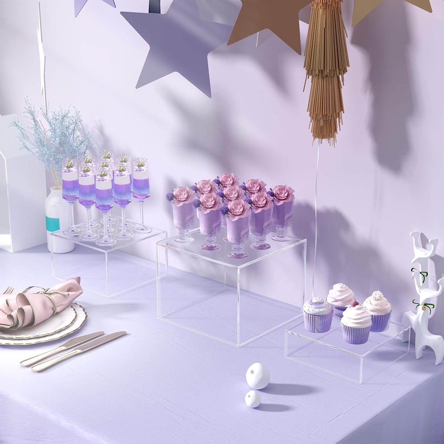 Buffet Risers, Food Display Risers for Party, Crystal Clear Acrylic Risers Display Stand for Buffet Table, Catering Displays for Dessert, Cube Box Nesting Riser with Hollow Bottom