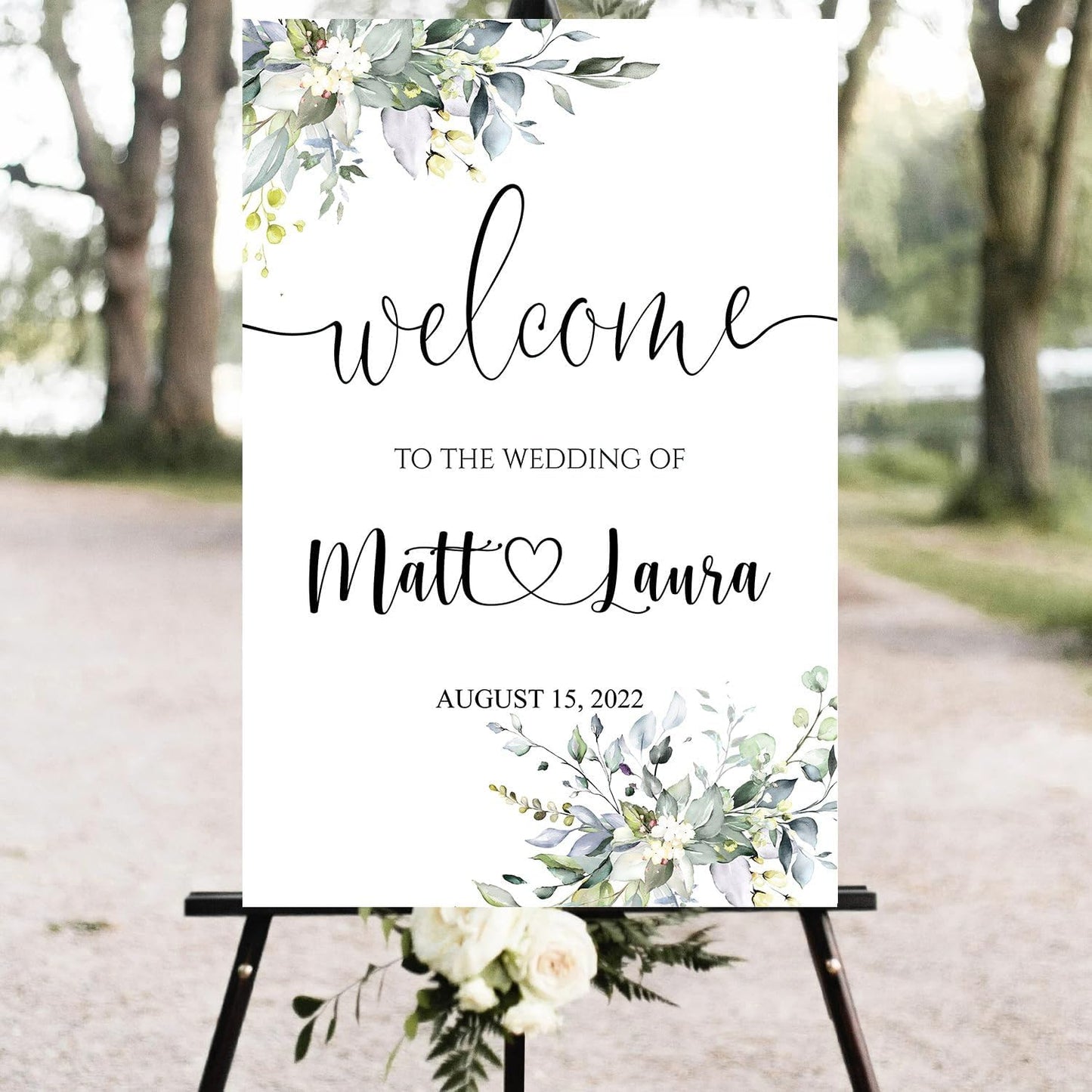 Generic Eucalyptus Wedding Welcome Sign, Editable Plastic Wedding Sign, 12x18, 18x27, 24x36 Inch, 4mm Thick, Weatherproof & Fade-Resistant, Customizable with Names, Date, Message