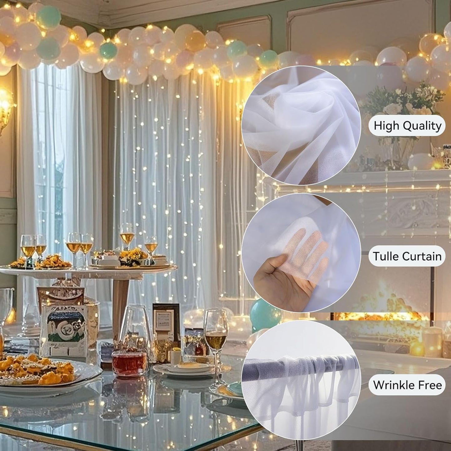 Ledido 10×10ft Tulle Backdrop Curtains with Lights String - 300LED Fairy Lights Sheer Curtain Backdrop for Weddings Baby Shower and Birthday Party Decorations(2 Panels 5×10ft)