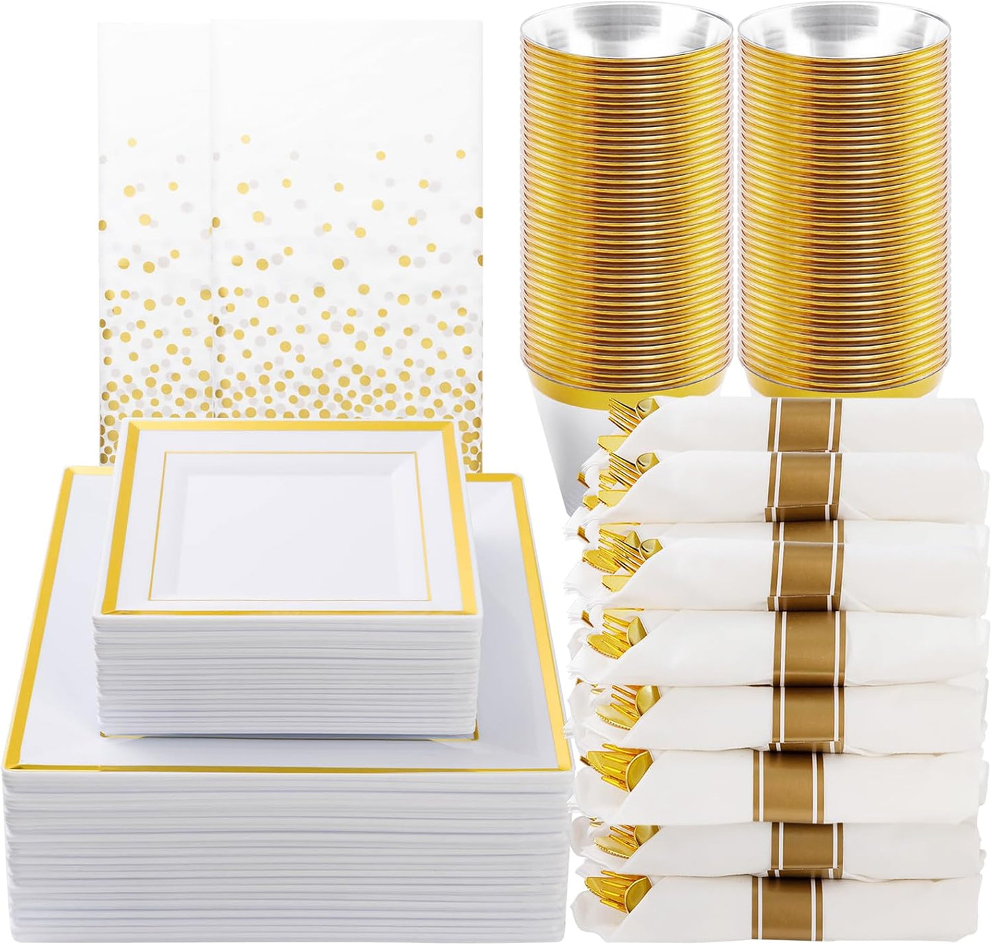 Goodluck 352 Piece Gold Dinnerware Set for 50 Guests, Thanksgiving Square Plastic Plates with Gold Trim, Include: 100 Plastic Plates, 50 Rolled Napkins, 50 Cups, 50 Cutlery Set and 2 Tablecloth