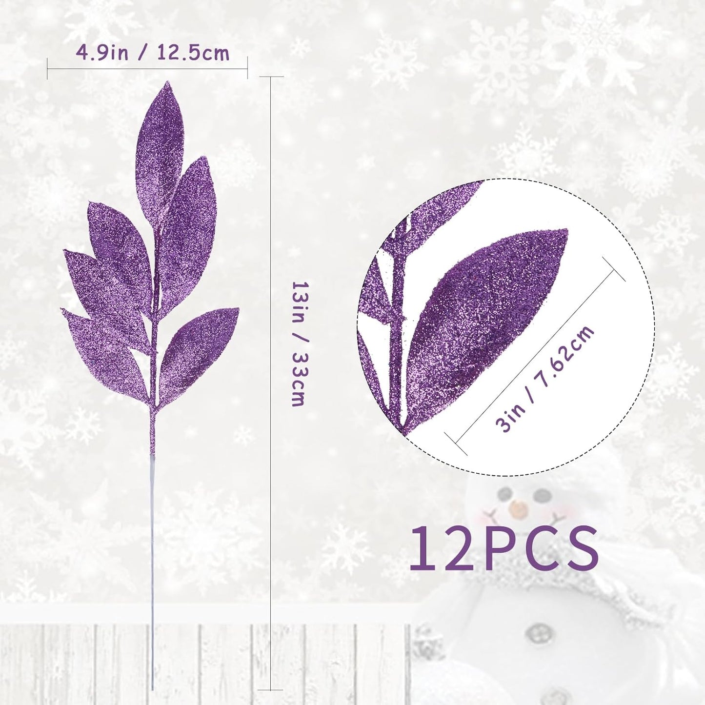 GREENTIME 12 Pack Artificial Purple Glitter Leaves 13" Fake Christmas Picks Decorative Glitter Sticks for Vase Christmas Tree DIY Wreath Crafts Fireplace Decor