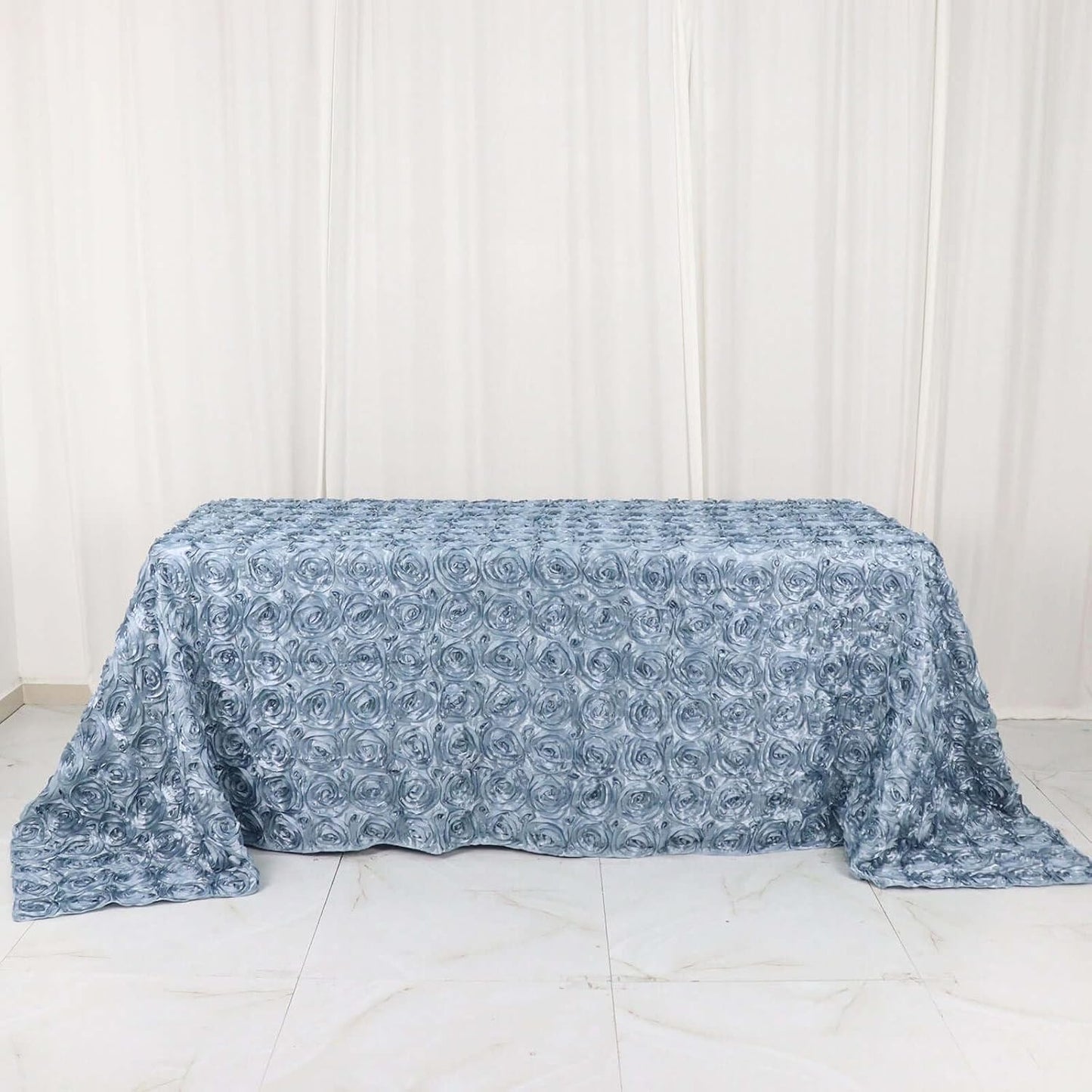 Efavormart 90"X132" Dusty Blue Grandiose 3D Rosette Satin Rectangle Tablecloth for Wedding Party Event