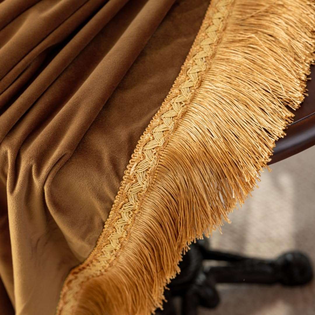 F-CHU Luxury Camel Tablecloth Thickset Velvet Tablecloth with Beautiful Gold Tassels Vintage Table Cloth for Home Decor Wedding, Party, Banquet and Events 60x120-Inch