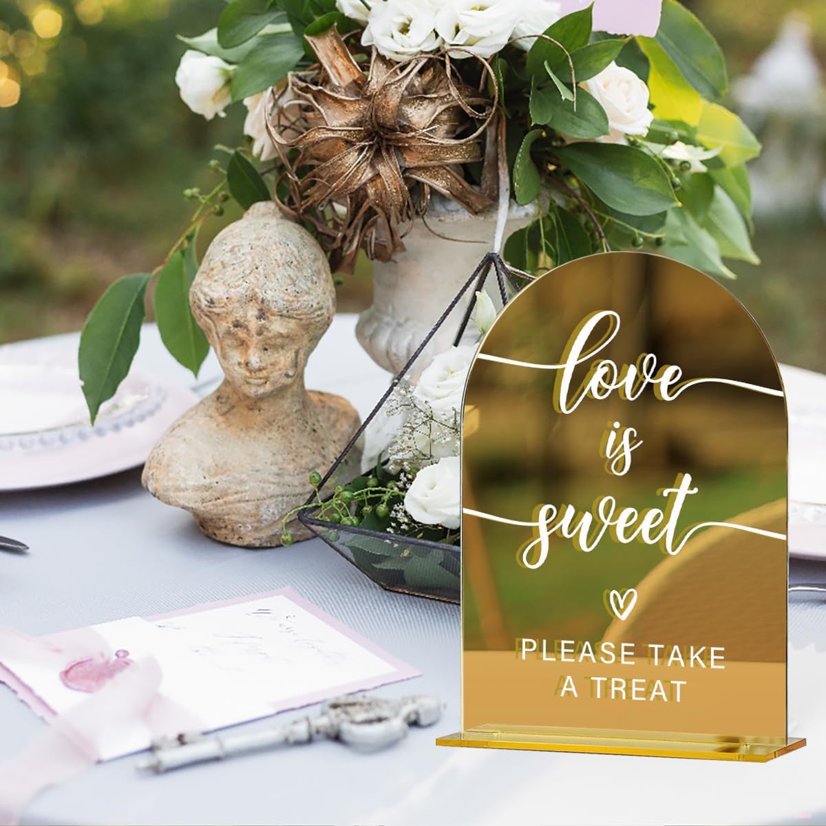 Acrylic Wedding Sign, Bridal Shower Decorations, Love is Sweet Sign for Ceremony, Modern Font Table Signs, Gold Mirror Arched Acrylic Tabletop Signs for Wedding Reception and Event Party