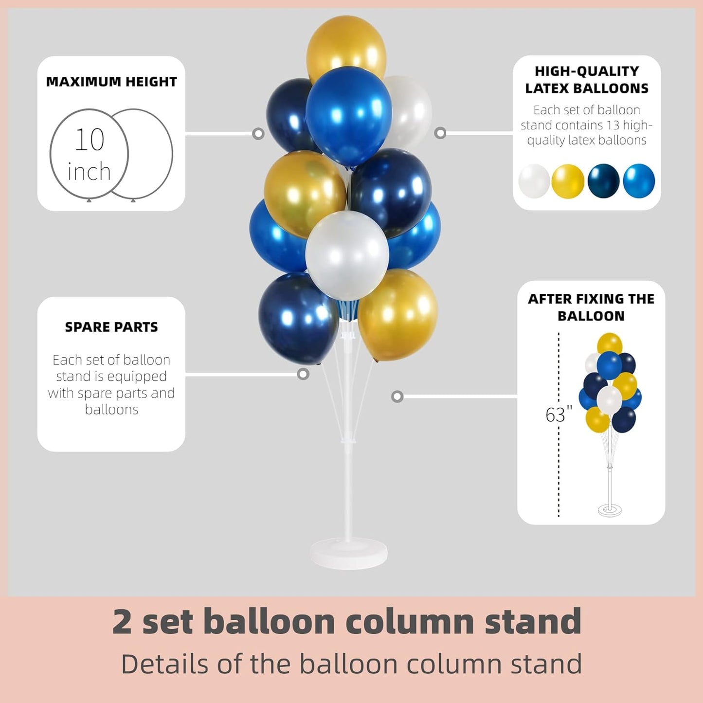Balloon Column Kit Set of 2 With Balloons Included - Balloon Tower with Stand, Base, and Pole,Backdrop Decoration for Wedding, Baby Shower, Birthday Party, or Bachelorette Parties (Gold Blue white)