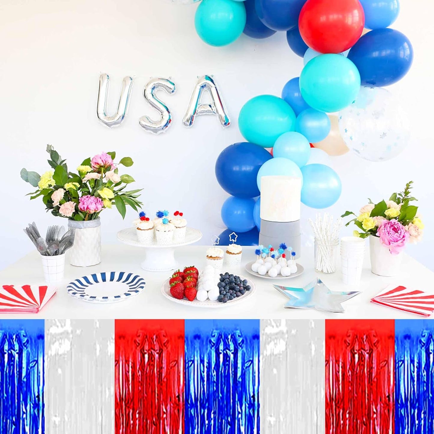 3 Pack 29 x108 Inch White Blue Red Foil Fringe Table Skirts Metallic Banner for Tinsel Streamer Garland Backdrop for Parade Floats Mother's Day, Graduate, Birthday, Wedding Party Decoration