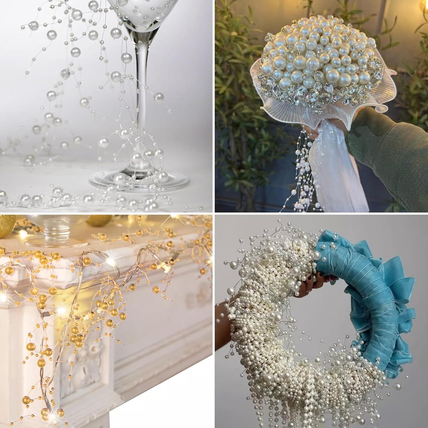 98FT Pearl Beads String Garland, 8mm 3mm Iridescent Faux Pearl Beads Roll Strand Bulk for Wedding Party Flower Christmas Decoration DIY Craft