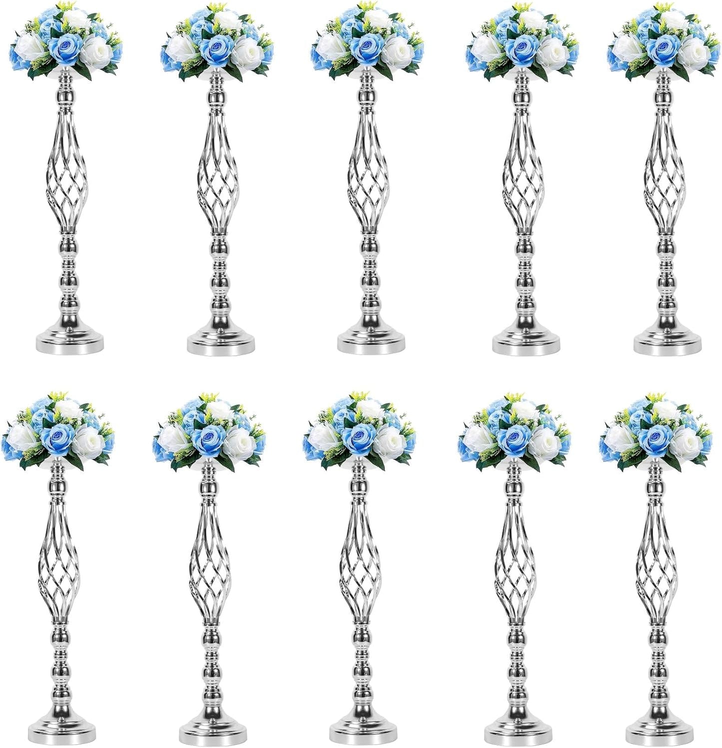 LANLONG 10pcs Metal Silver Candle Holders Road Lead Table Centerpiece Stand Pillar Candlestick for Wedding Candelabra Flowers Vases